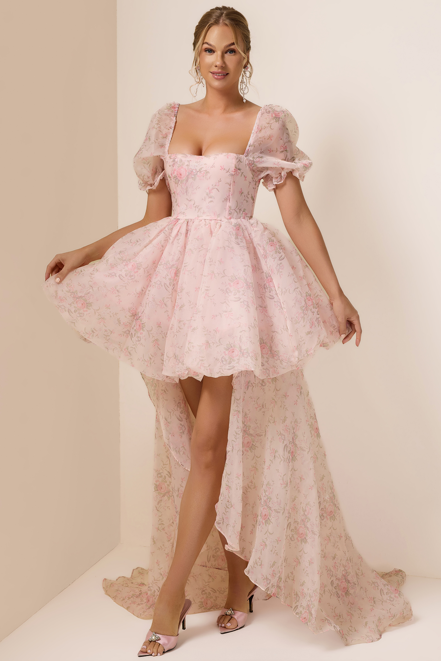 Floral Puff Sleeve Square Neck Mini Dress