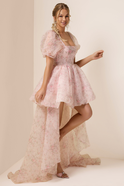 Floral Puff Sleeve Square Neck Mini Dress