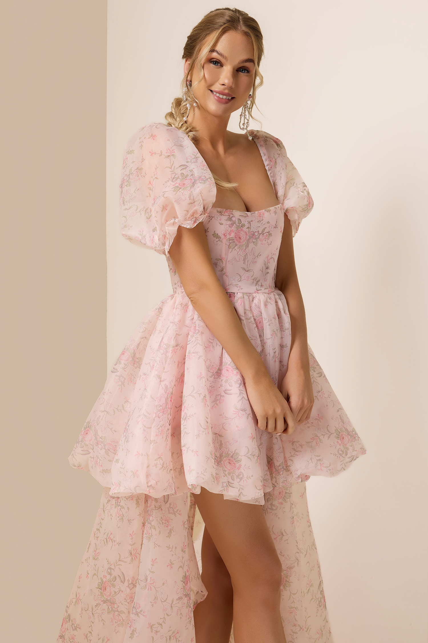 Floral Puff Sleeve Square Neck Mini Dress