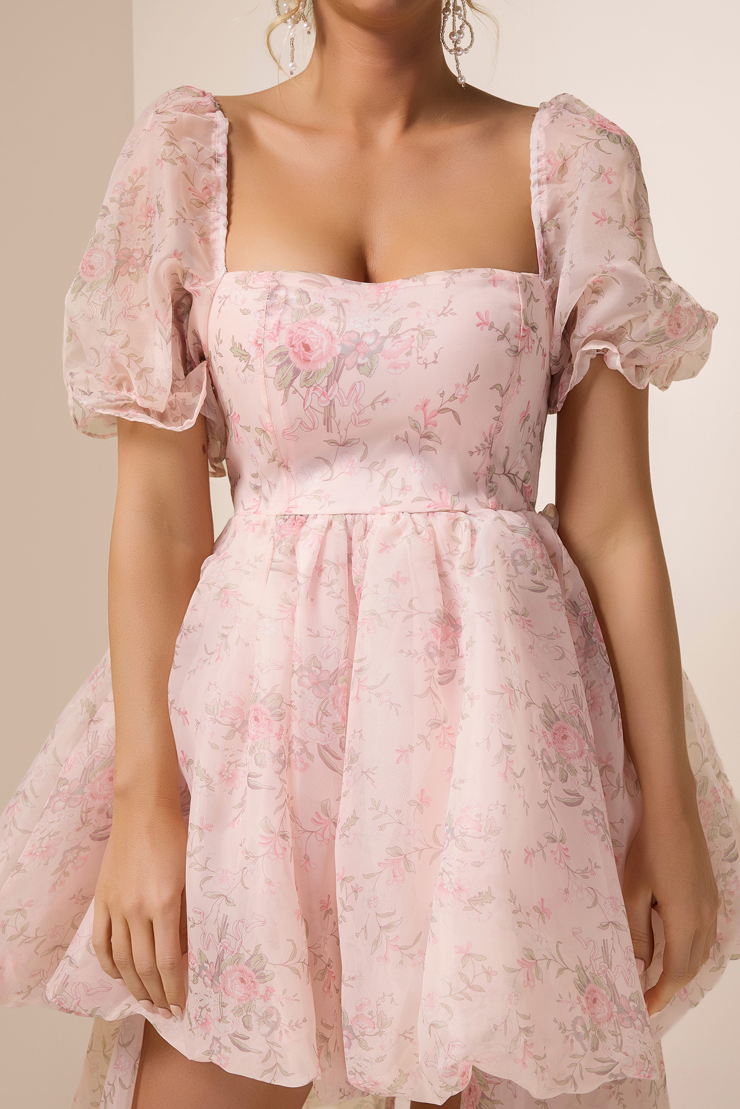 Floral Puff Sleeve Square Neck Mini Dress