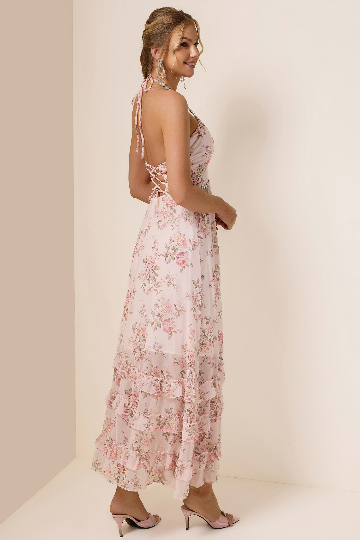 Floral Faux Pearl Frill Split Maxi Dress