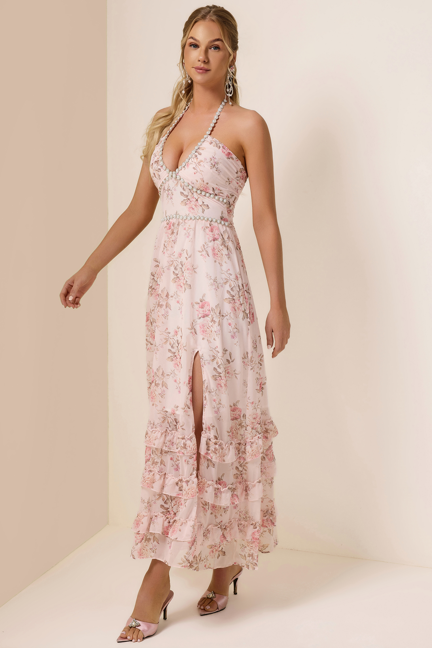 Floral Faux Pearl Frill Split Maxi Dress