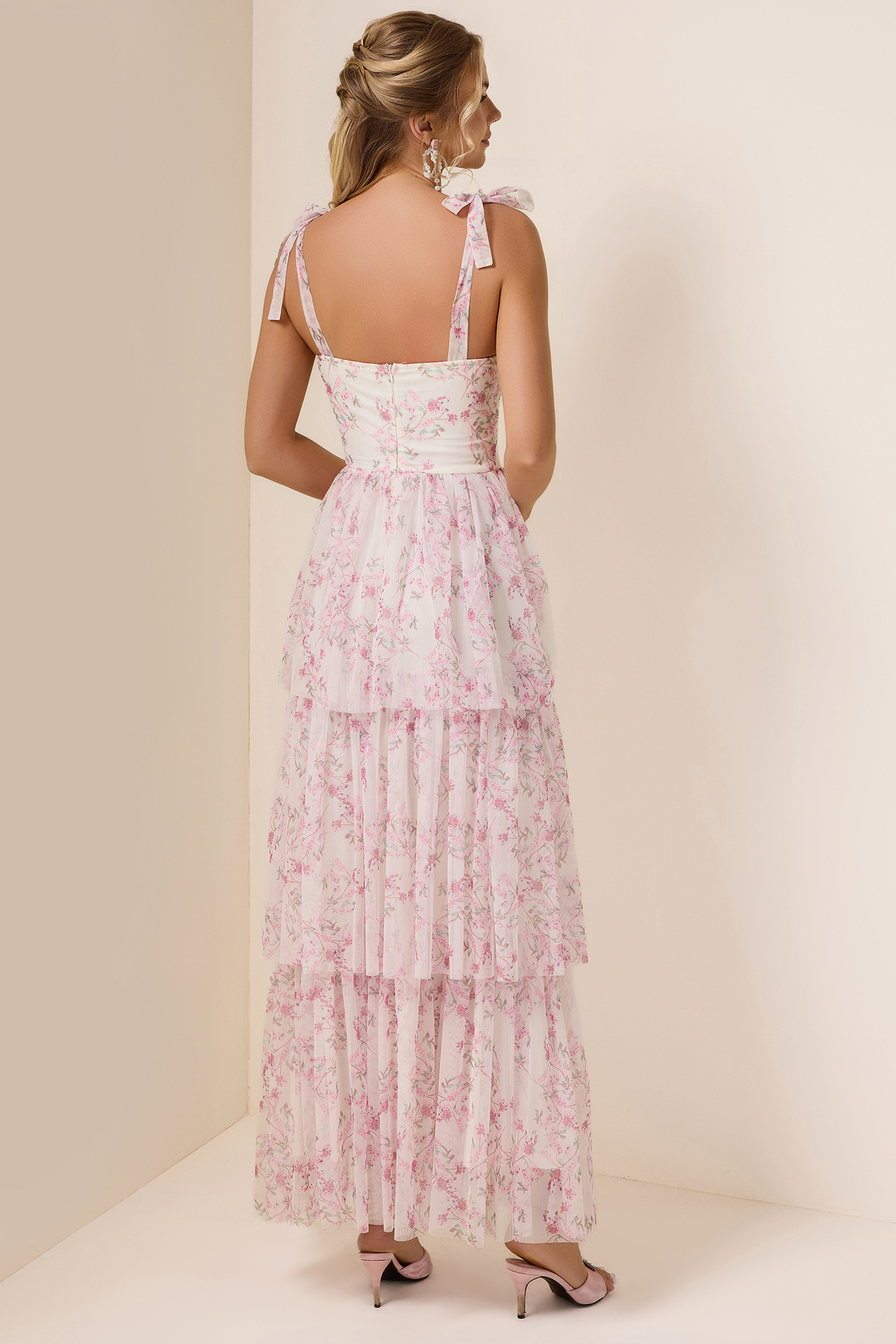 Floral Lace-Up Ruffle Maxi Dress