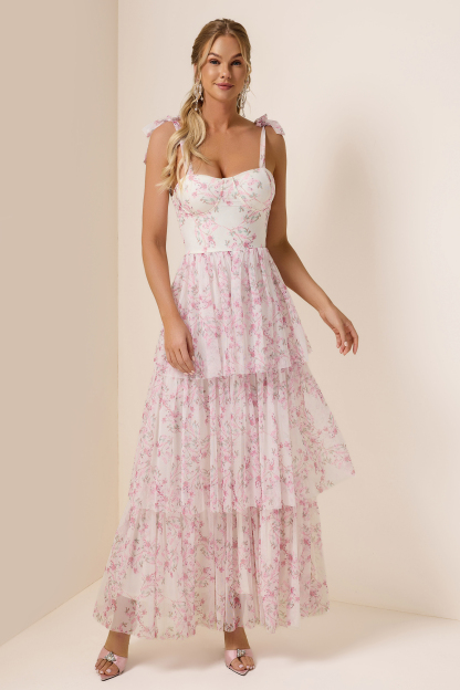Floral Lace-Up Ruffle Maxi Dress
