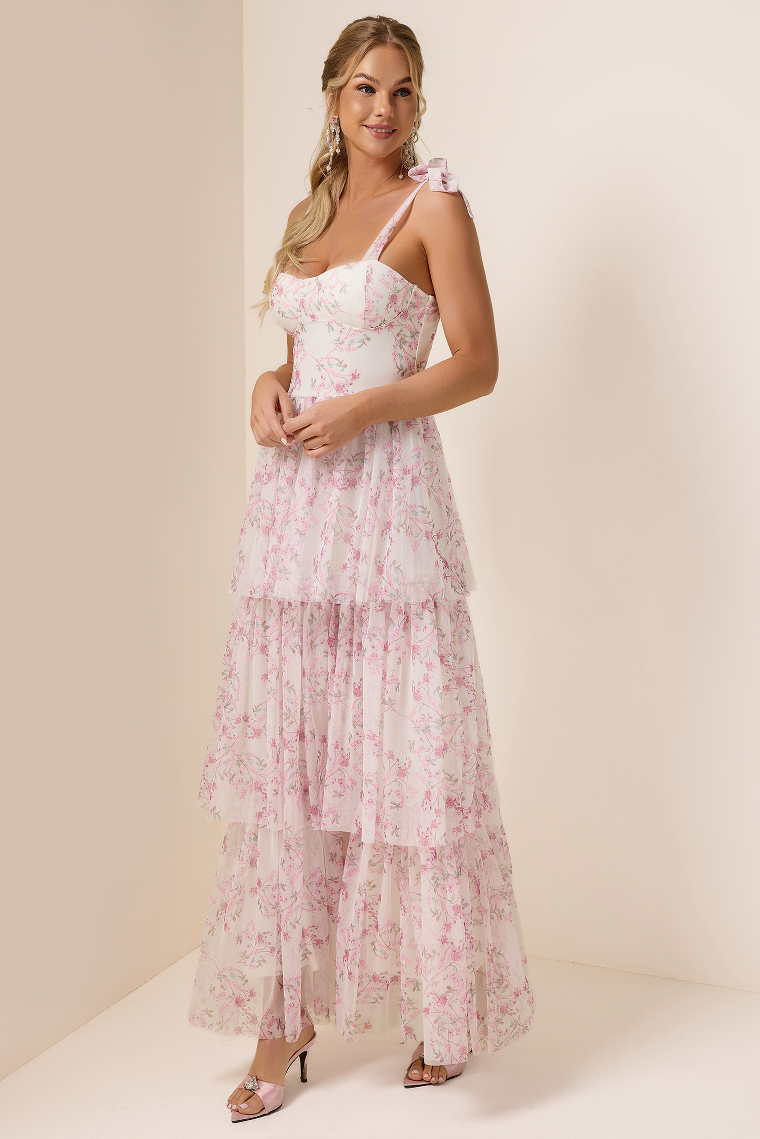 Floral Lace-Up Ruffle Maxi Dress