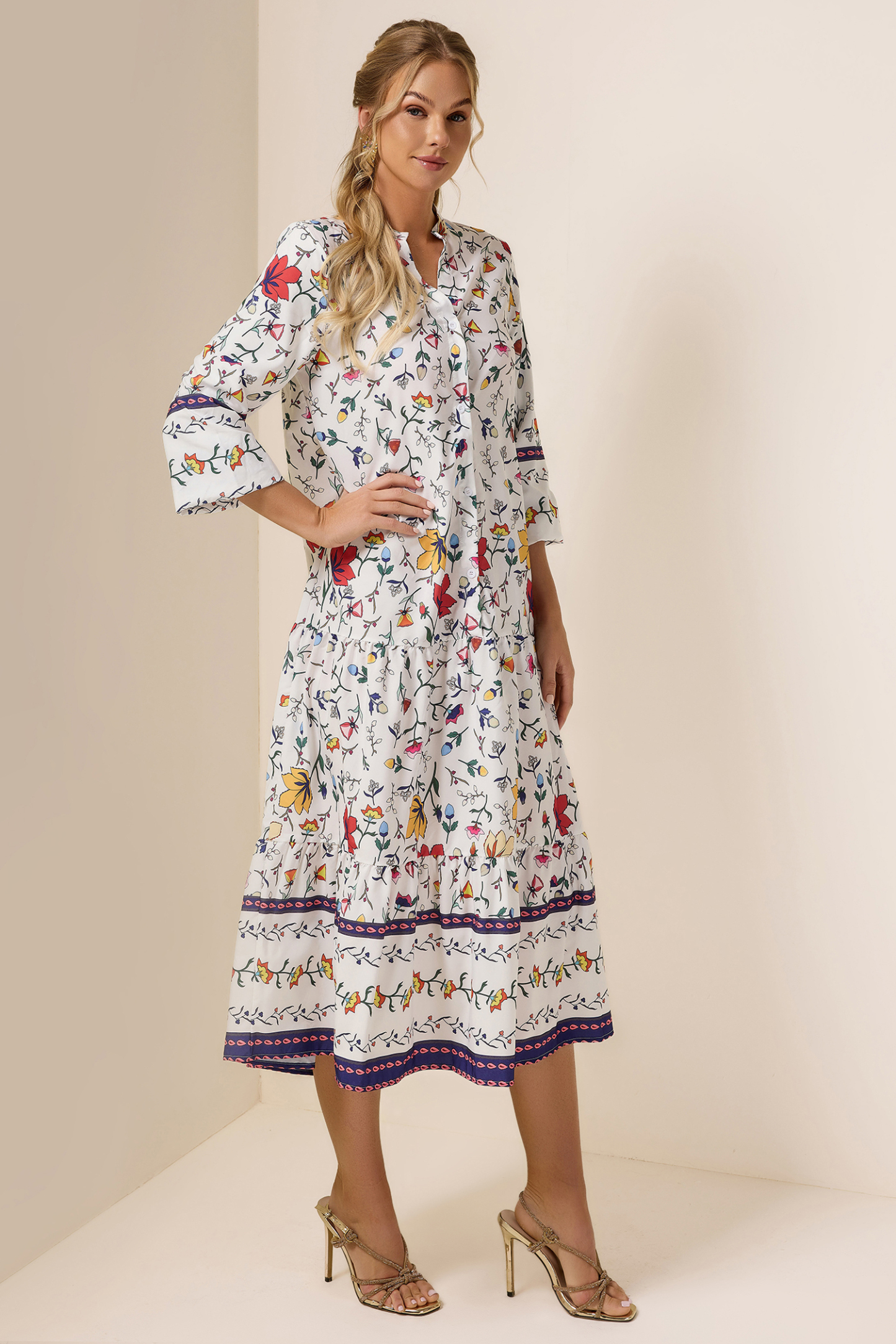 Floral Lantern Sleeve Midi Dress