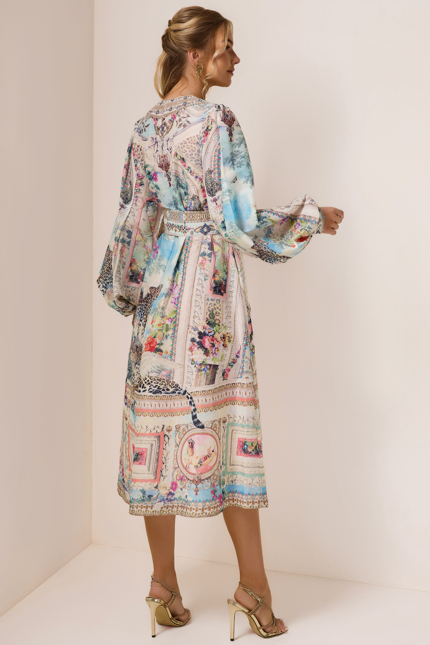 Rhinestone Floral V-Neck Midi Dress