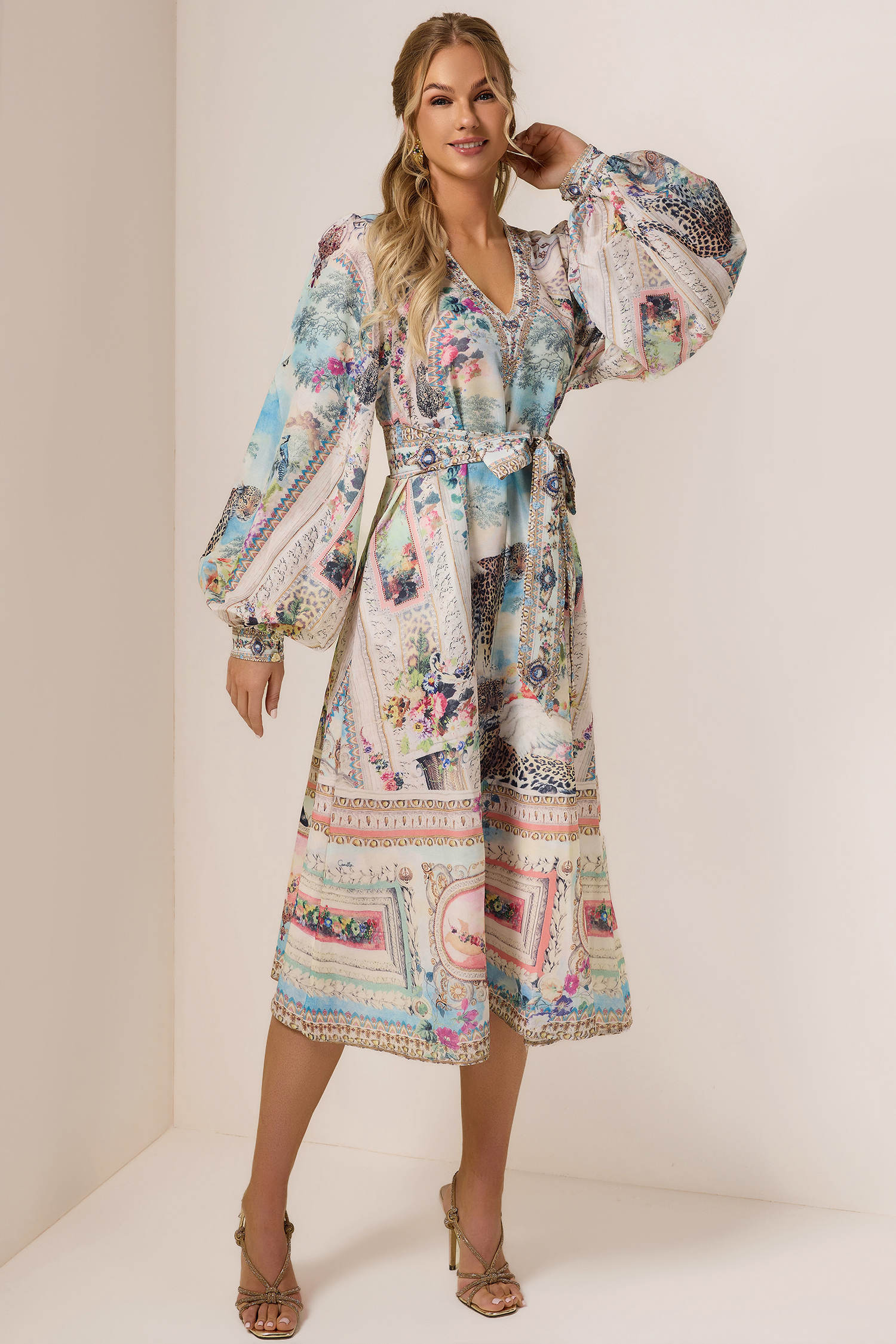 Rhinestone Floral V-Neck Midi Dress