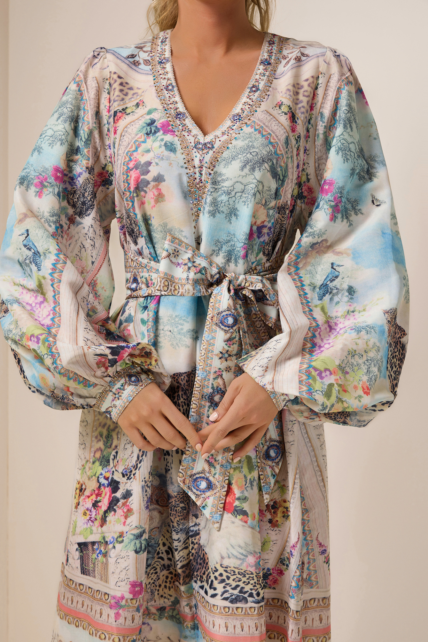 Rhinestone Floral V-Neck Midi Dress