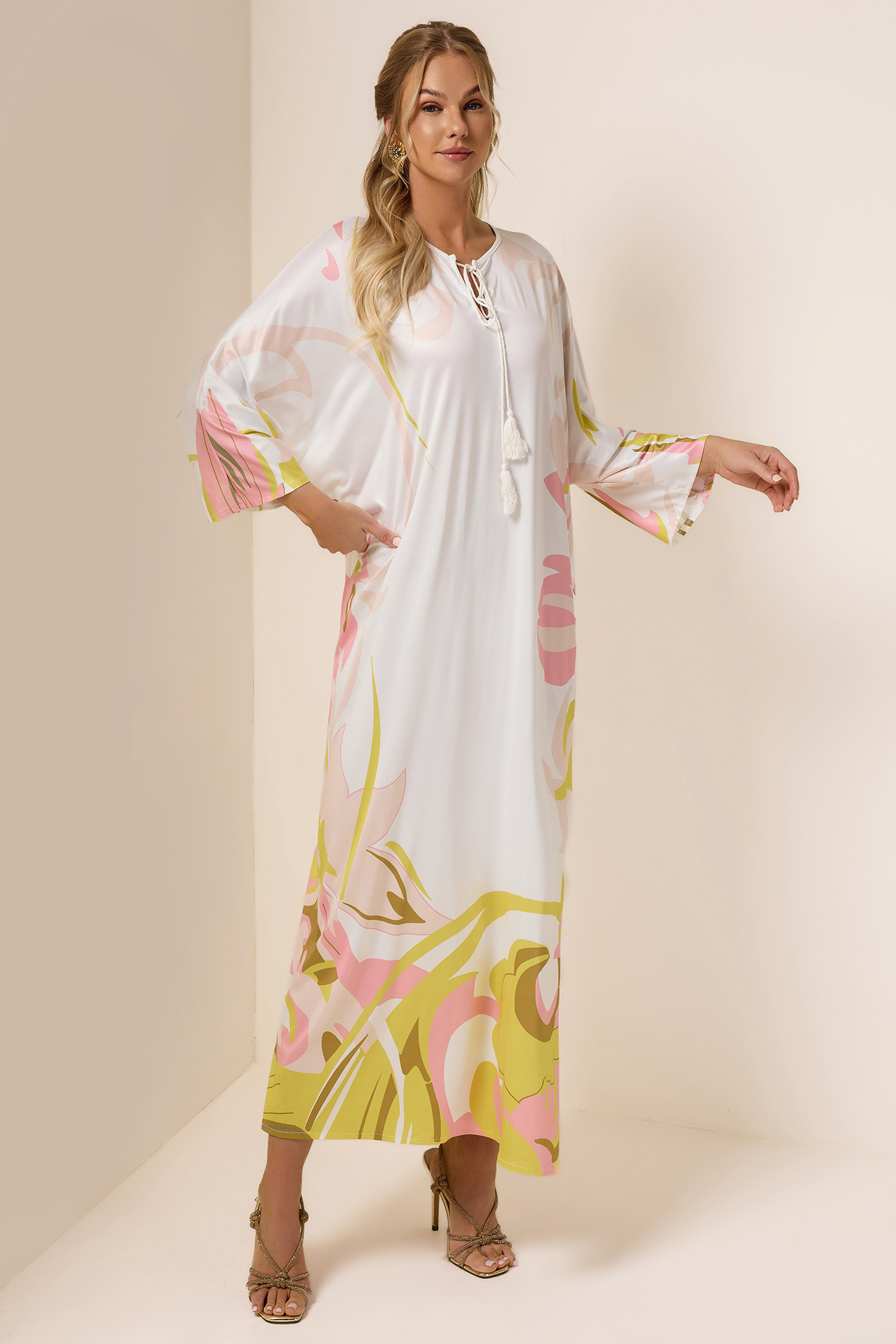 Abstract Print Lace Up Midi Dress