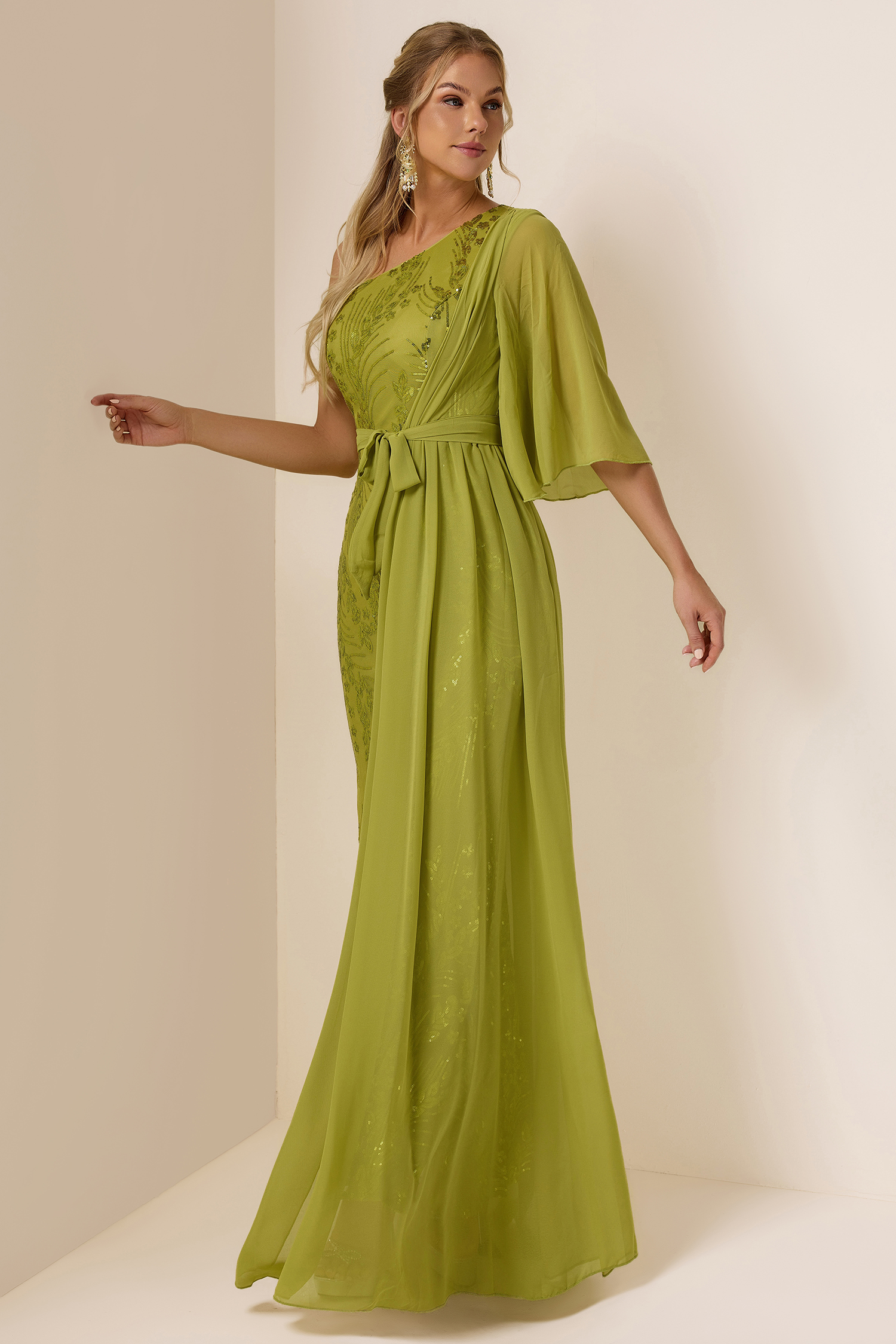 Sequin Skew Collar Lace Up Maxi Dress