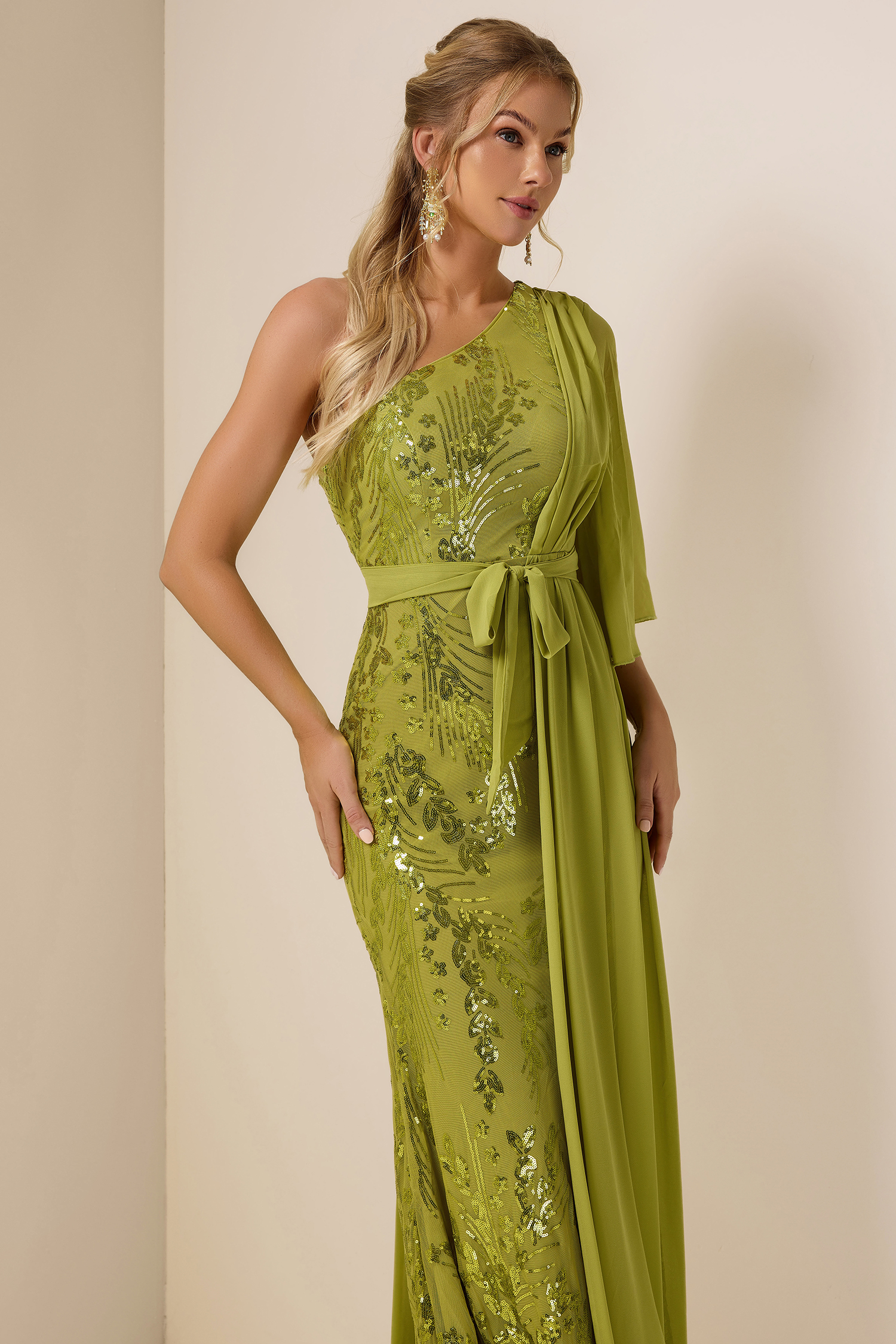 Sequin Skew Collar Lace Up Maxi Dress