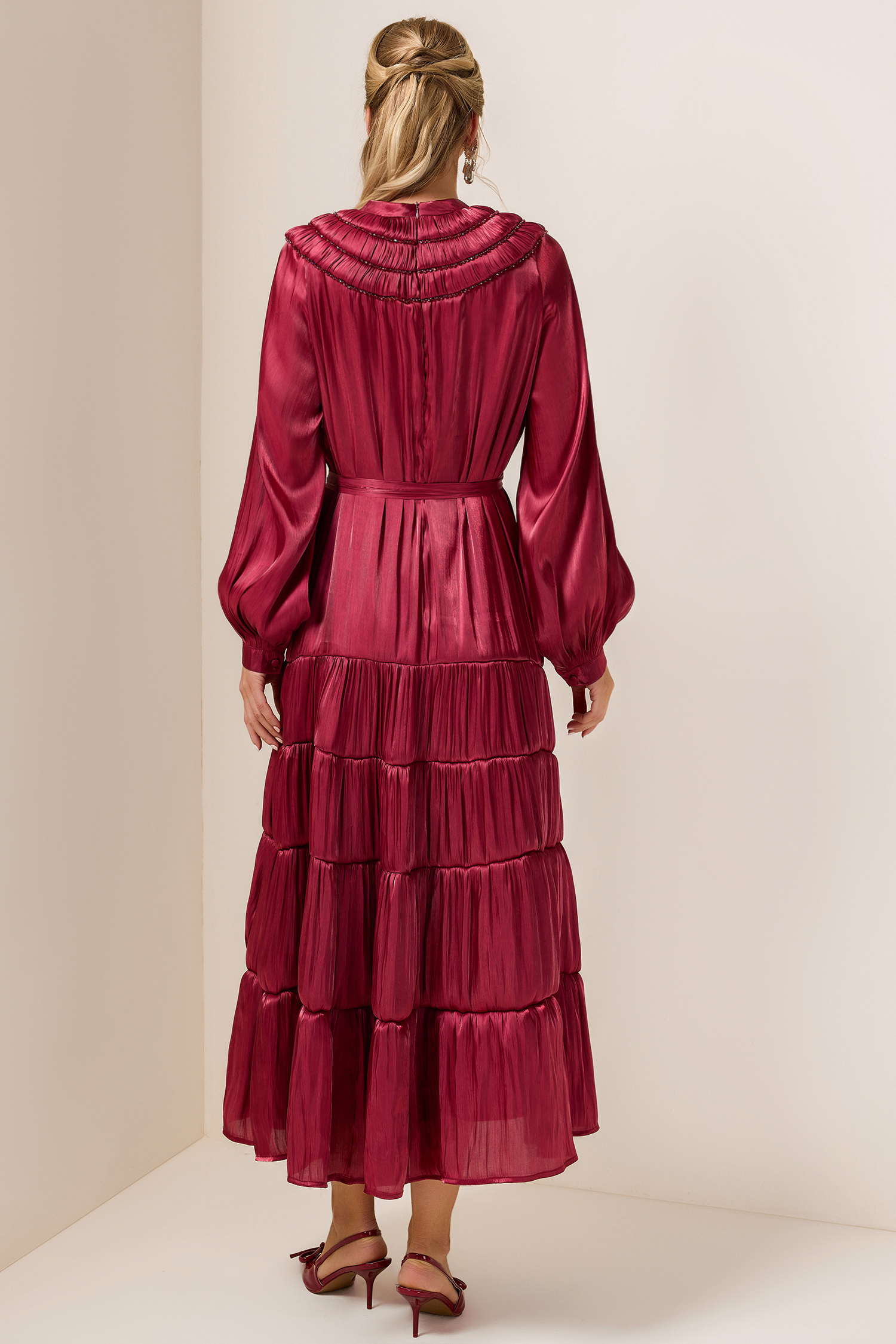 Nail Bead Embroidery Solid Frill Midi Dress