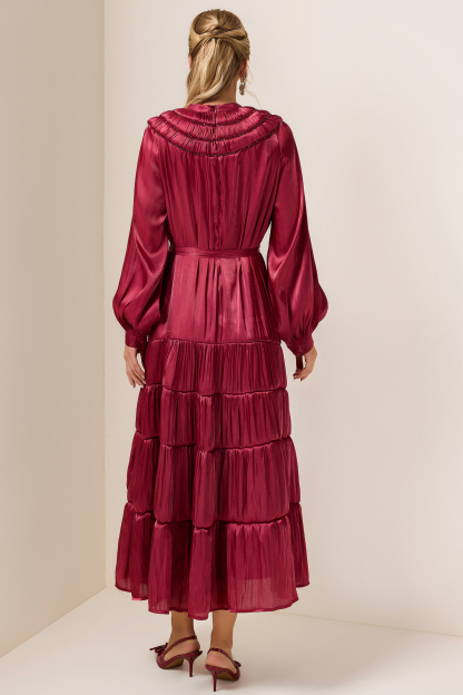 Nail Bead Embroidery Solid Frill Midi Dress