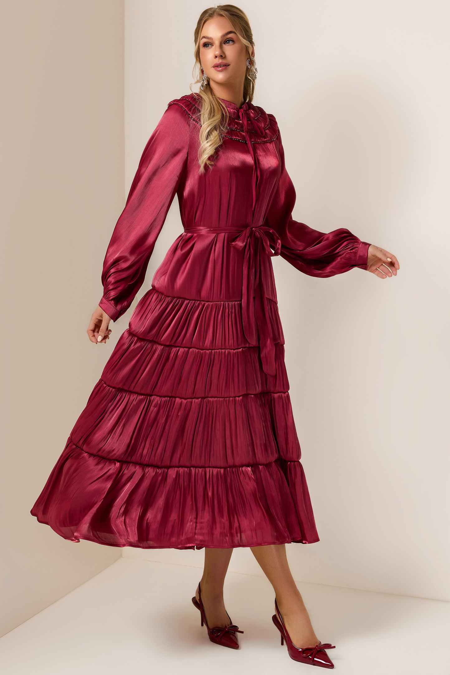 Nail Bead Embroidery Solid Frill Midi Dress