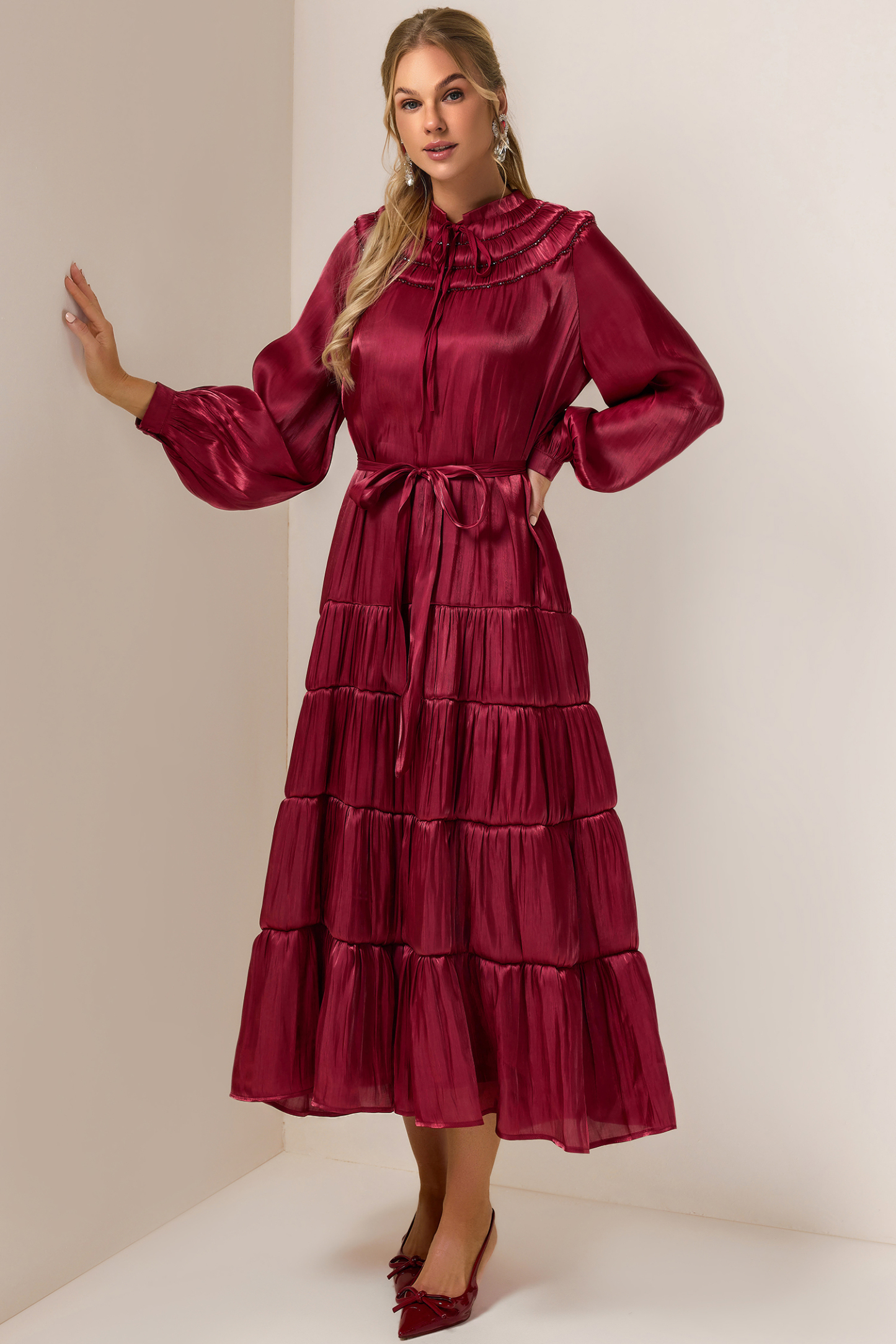 Nail Bead Embroidery Solid Frill Midi Dress