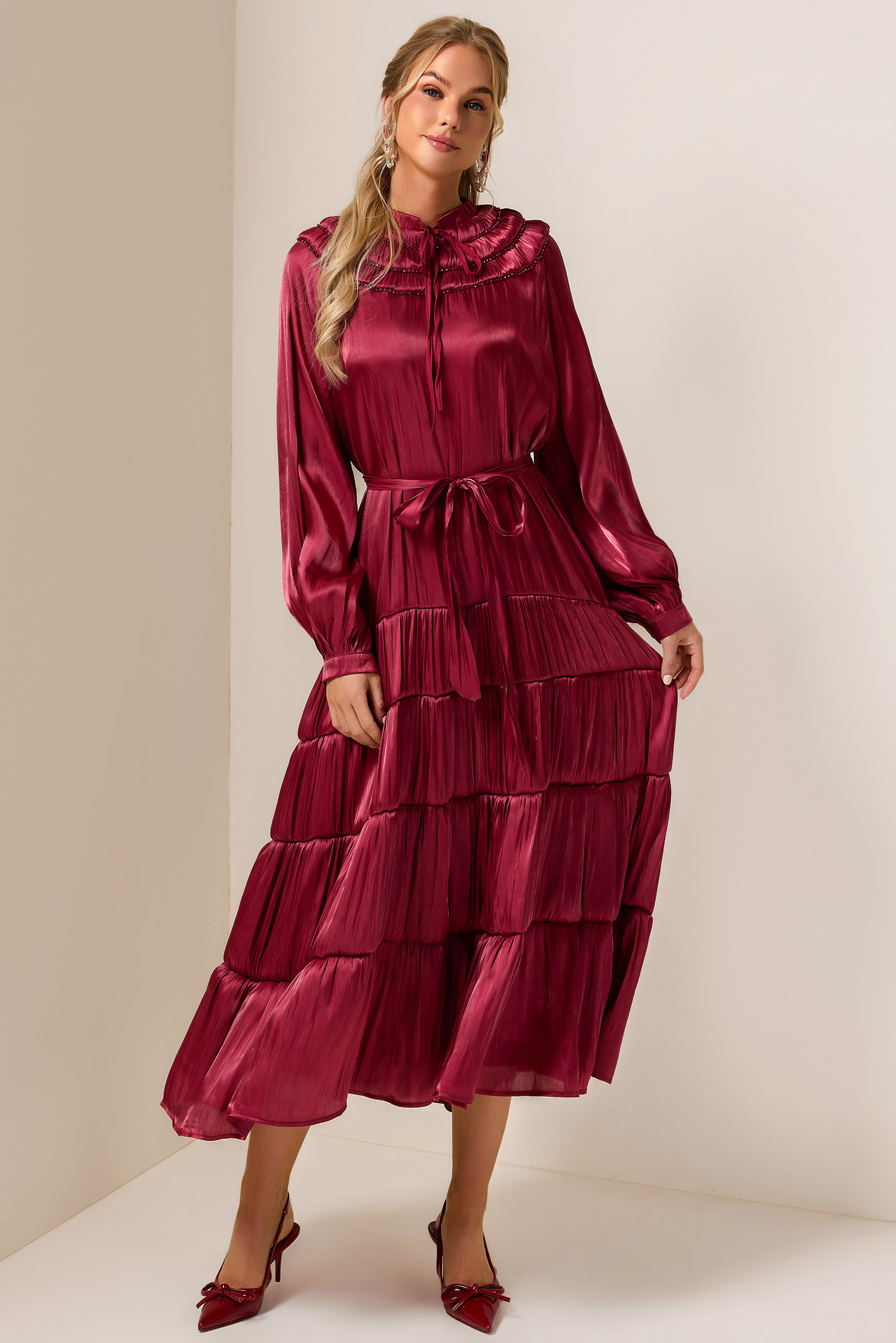 Nail Bead Embroidery Solid Frill Midi Dress