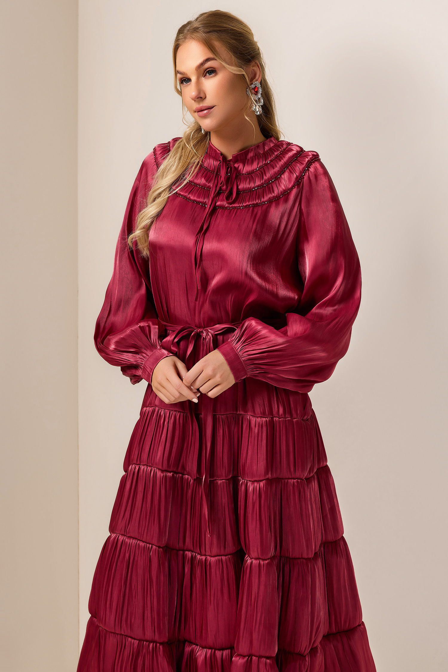 Nail Bead Embroidery Solid Frill Midi Dress