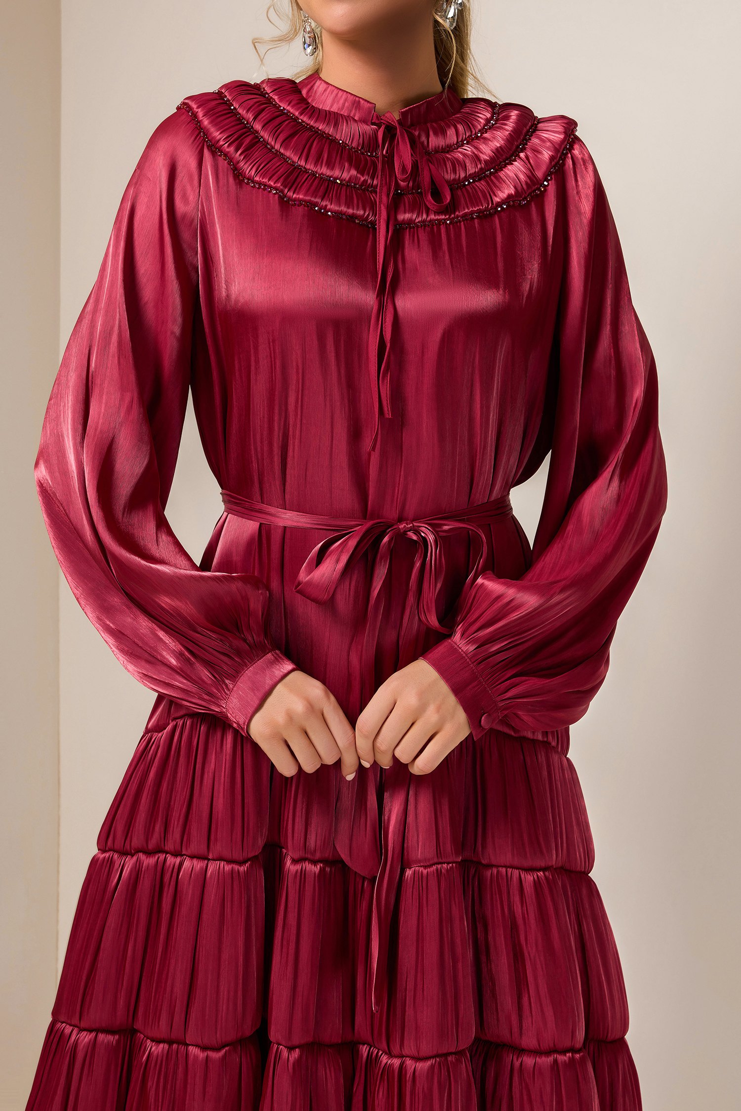 Nail Bead Embroidery Solid Frill Midi Dress