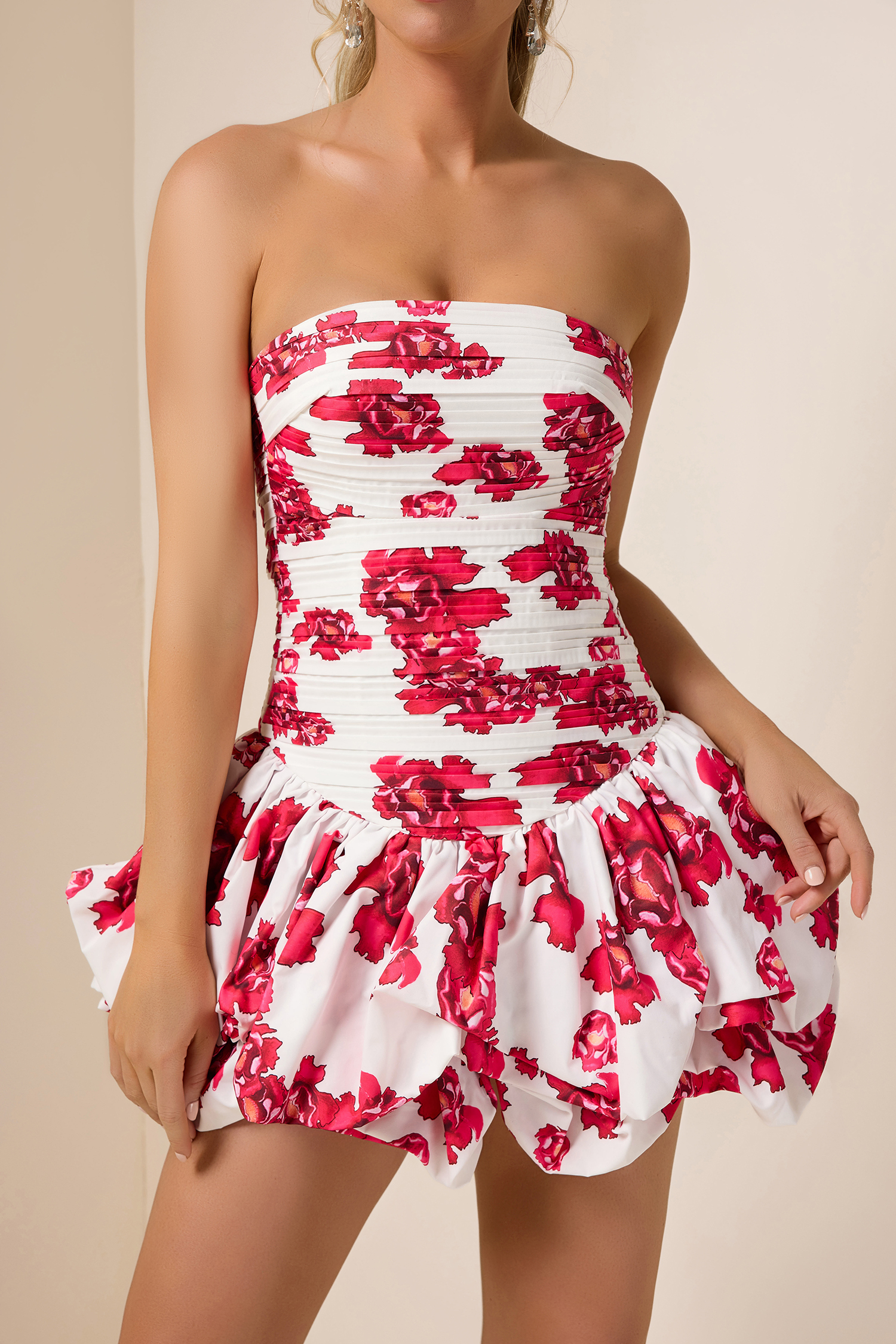 Floral Off-Shoulder Pleat Mini Dress