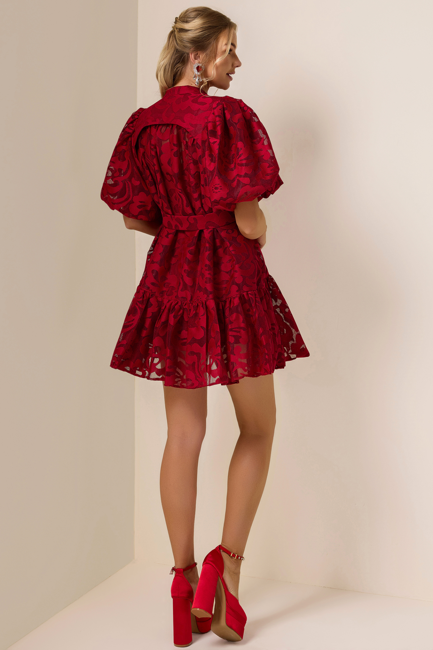 Lace Single Breasted Ruffle Mini Dress