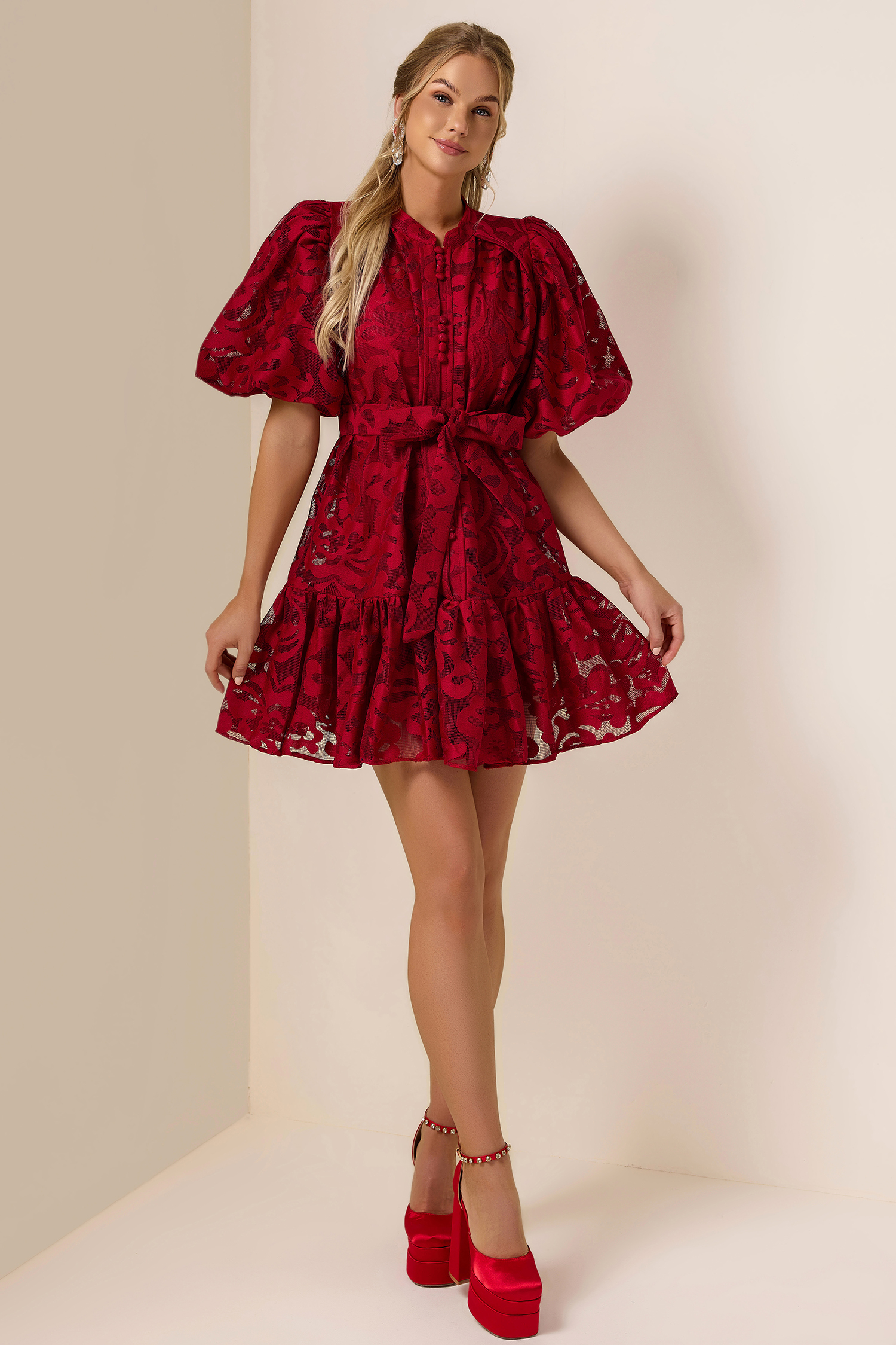 Lace Single Breasted Ruffle Mini Dress