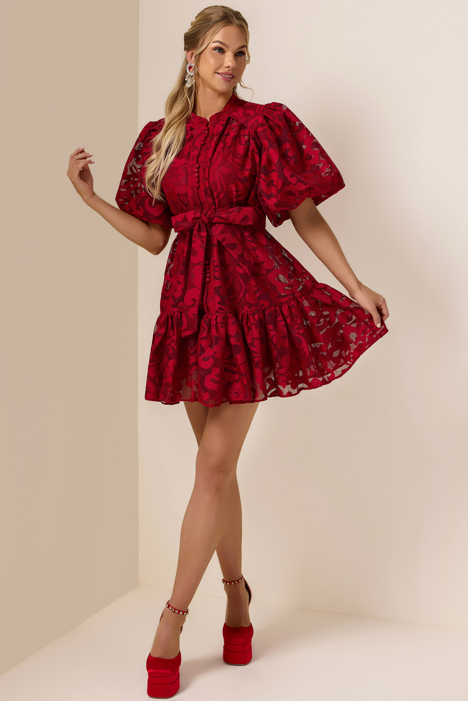 Lace Single Breasted Ruffle Mini Dress