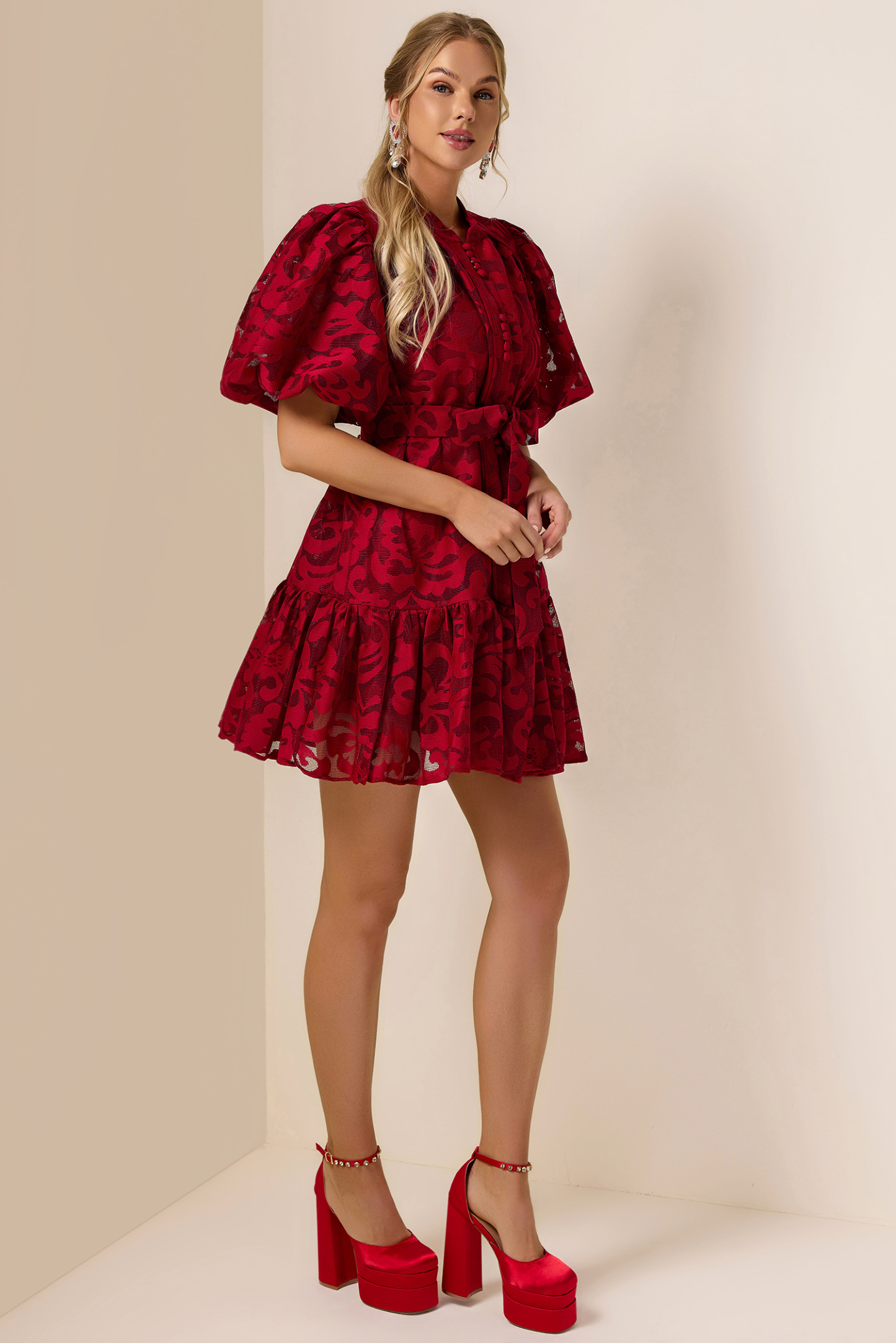 Lace Single Breasted Ruffle Mini Dress