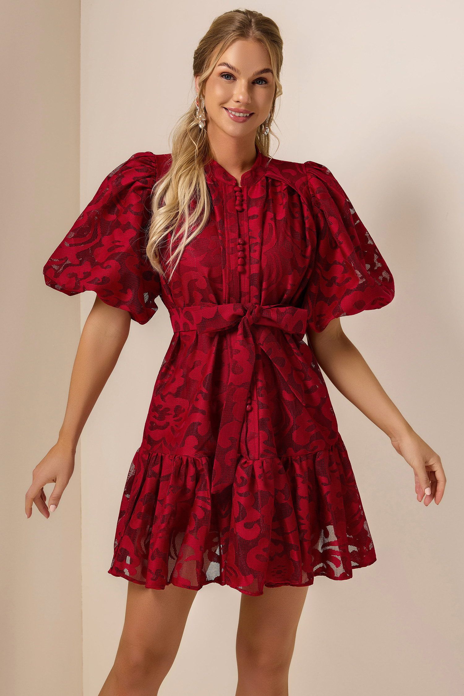 Lace Single Breasted Ruffle Mini Dress