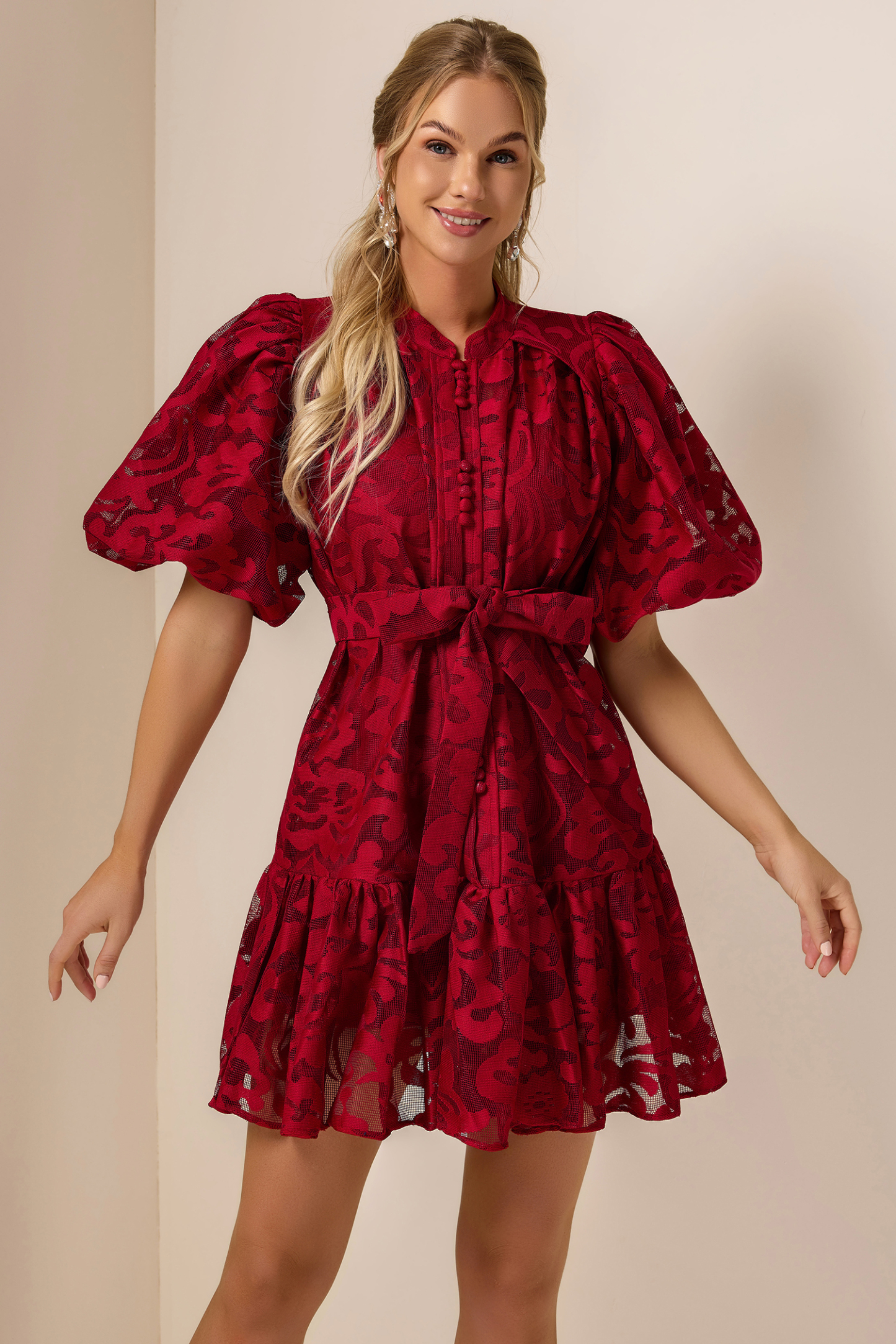 Lace Single Breasted Ruffle Mini Dress