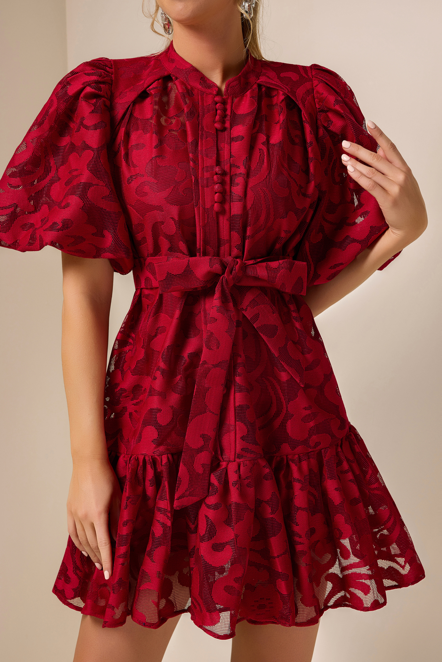 Lace Single Breasted Ruffle Mini Dress