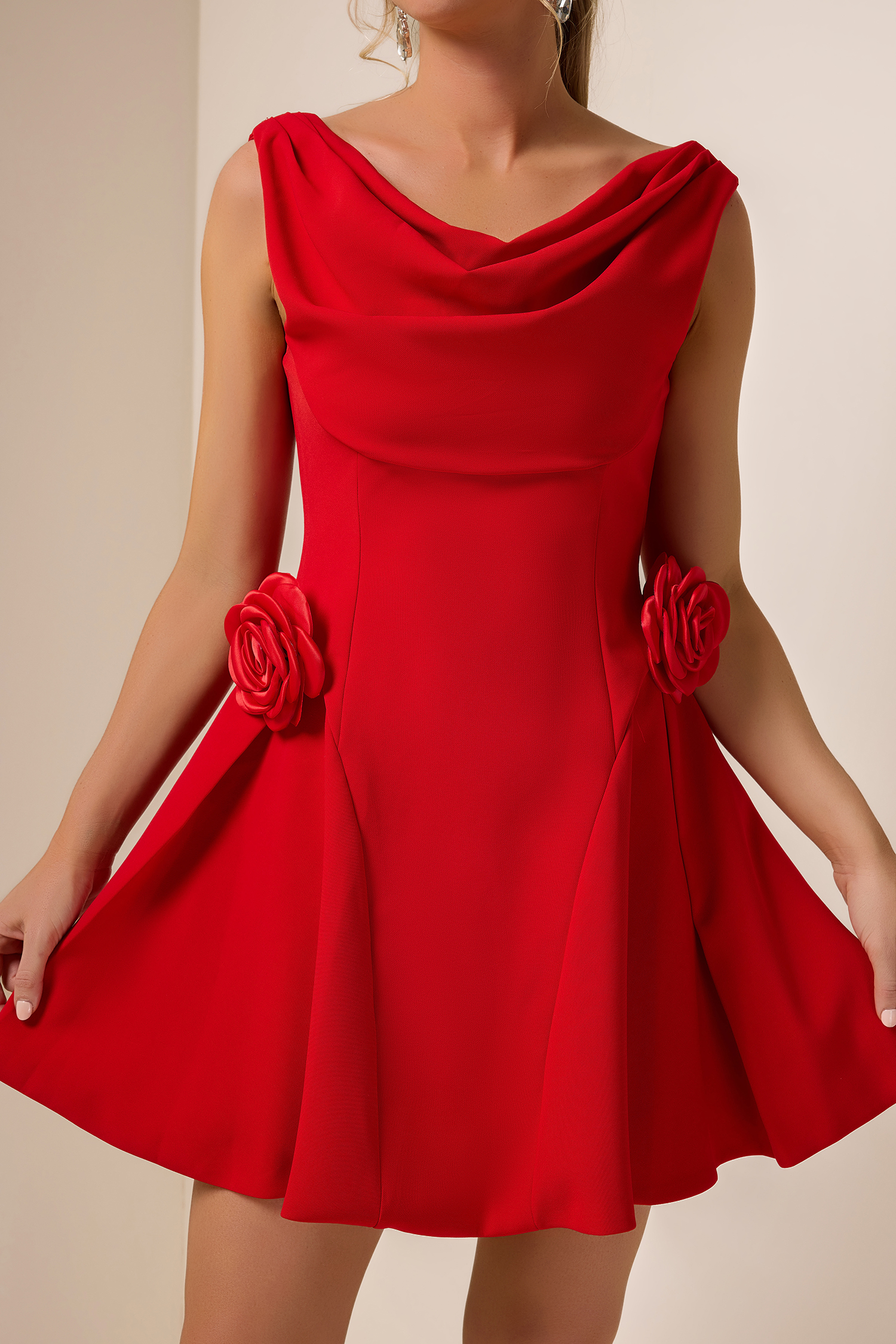 Solid 3D Flower Swing Collar Mini Dress