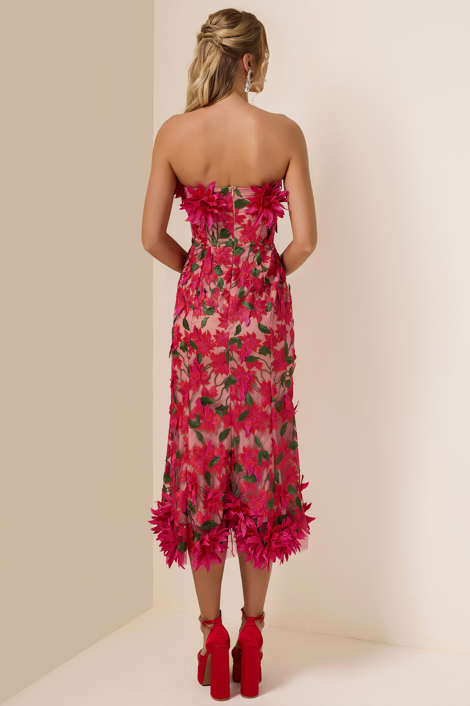 Embroidered 3D Flower Off-Shoulder Midi Dress