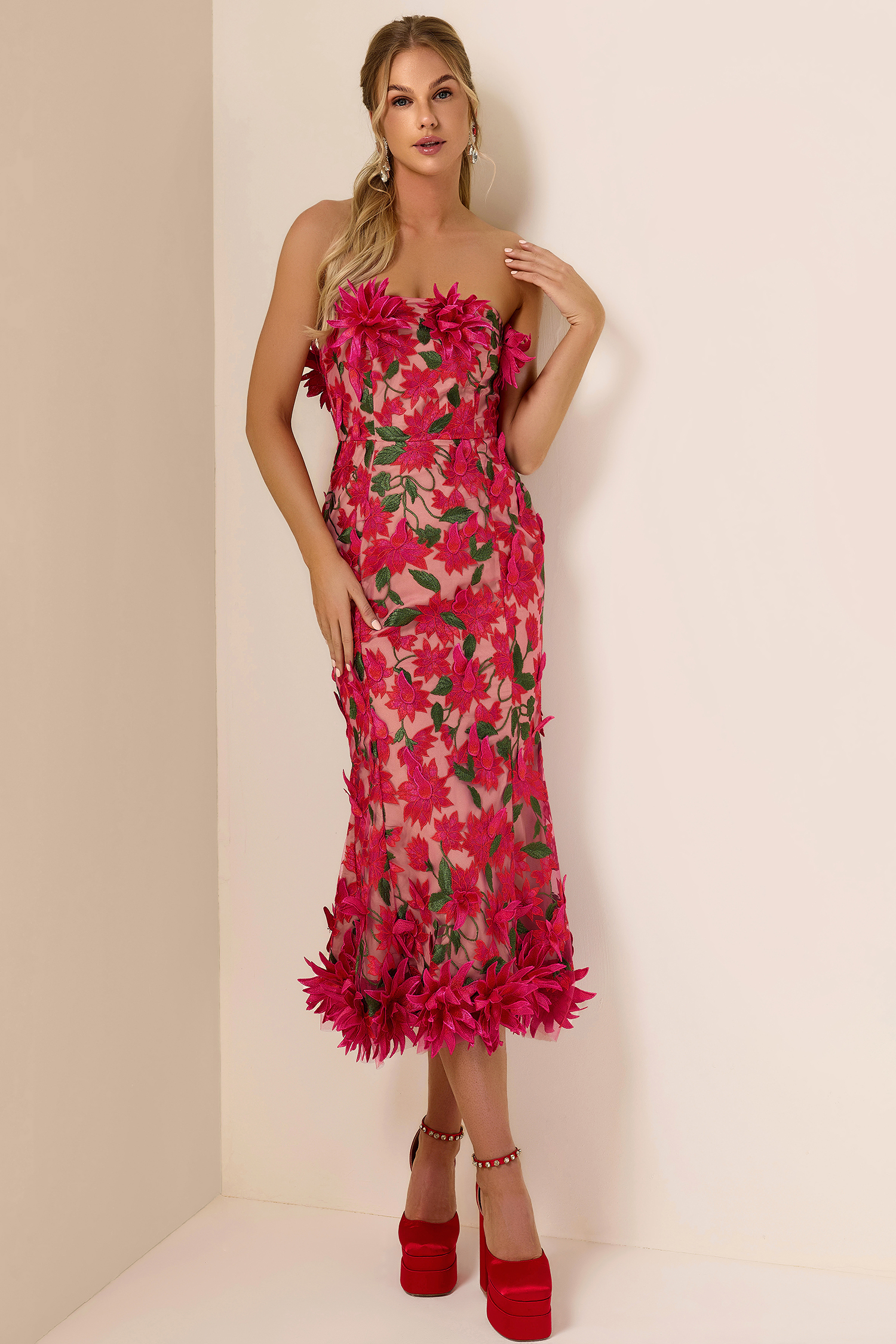 Embroidered 3D Flower Off-Shoulder Midi Dress