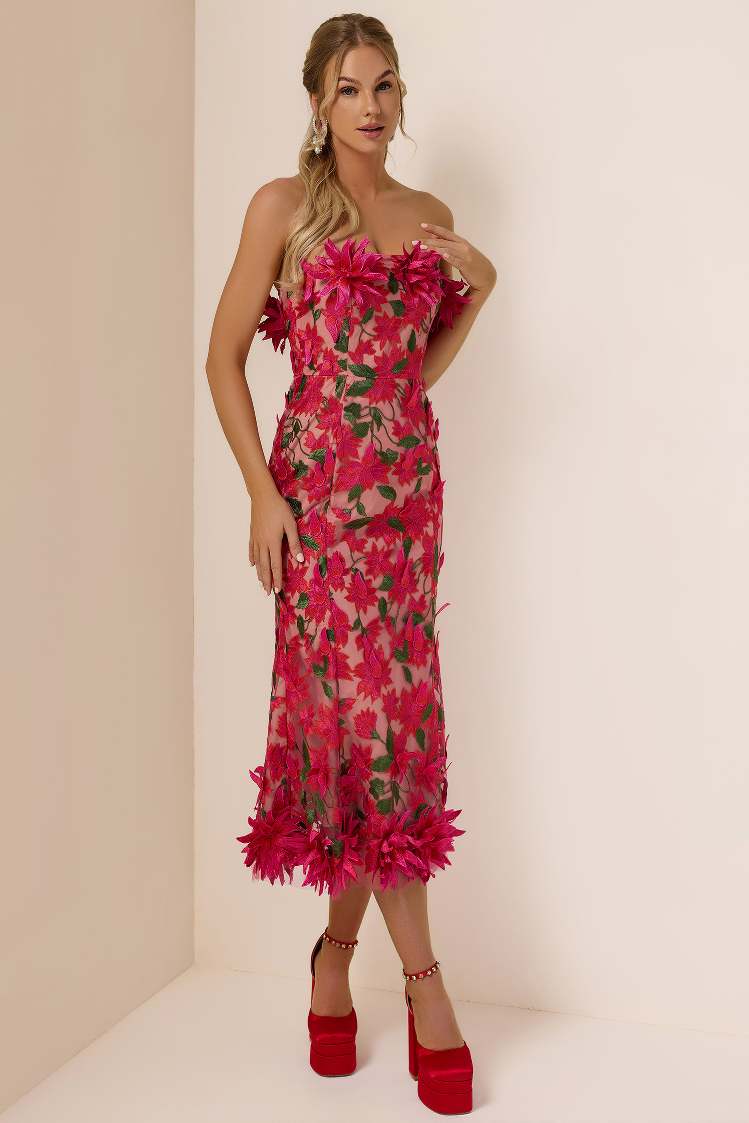 Embroidered 3D Flower Off-Shoulder Midi Dress