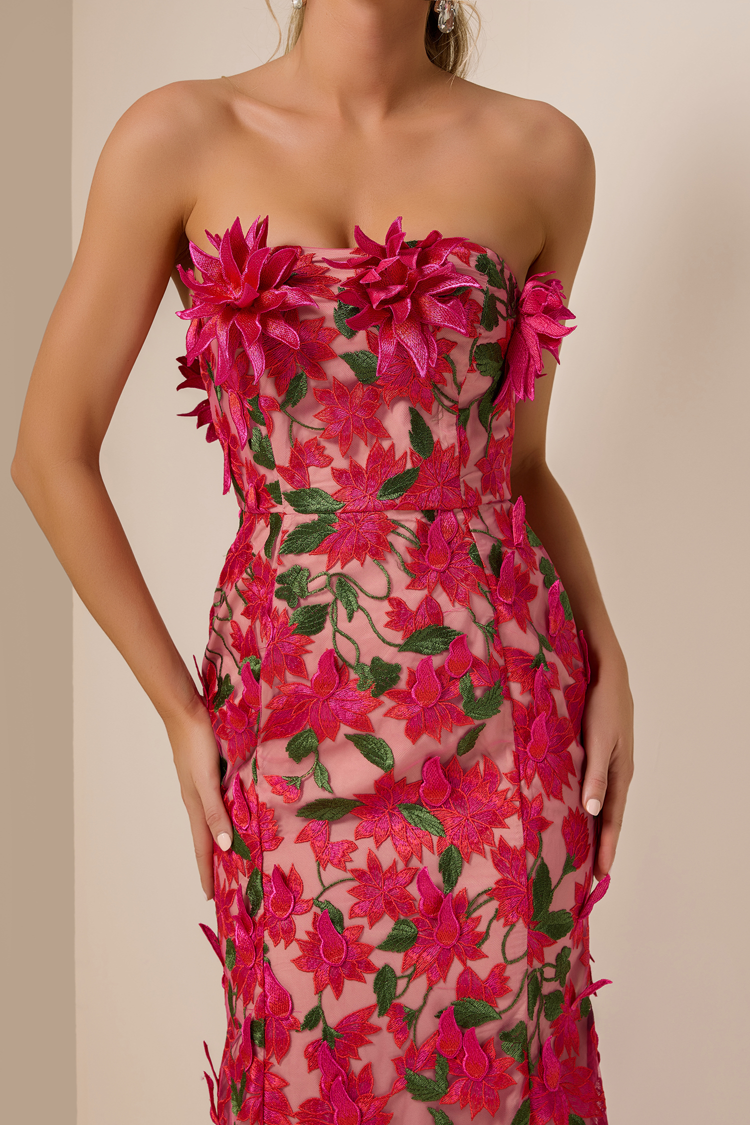 Embroidered 3D Flower Off-Shoulder Midi Dress