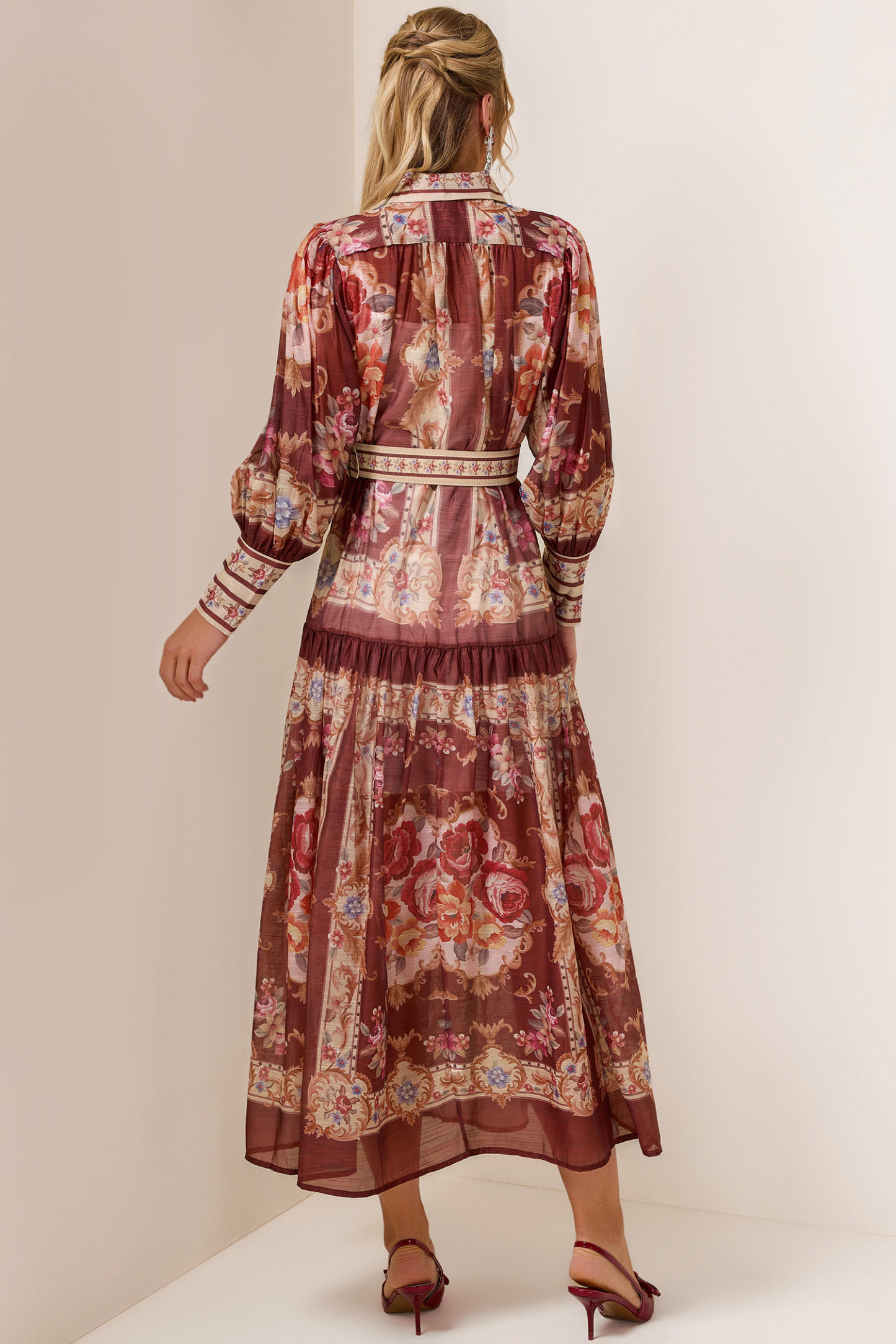 Palace Print Flapped Lantern Sleeve Midi Dress