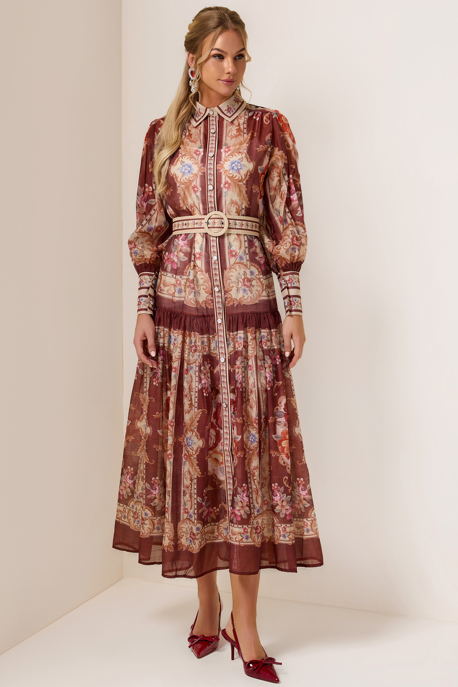 Palace Print Flapped Lantern Sleeve Midi Dress