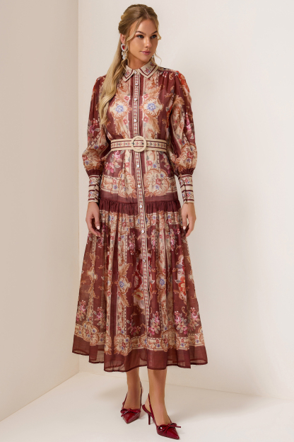 Palace Print Flapped Lantern Sleeve Midi Dress