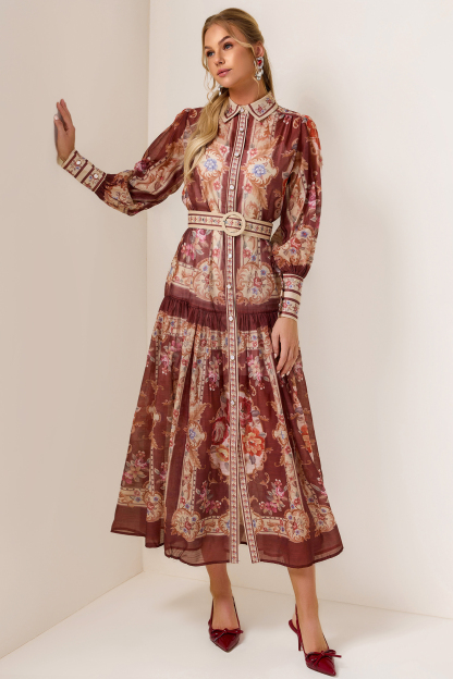 Palace Print Flapped Lantern Sleeve Midi Dress