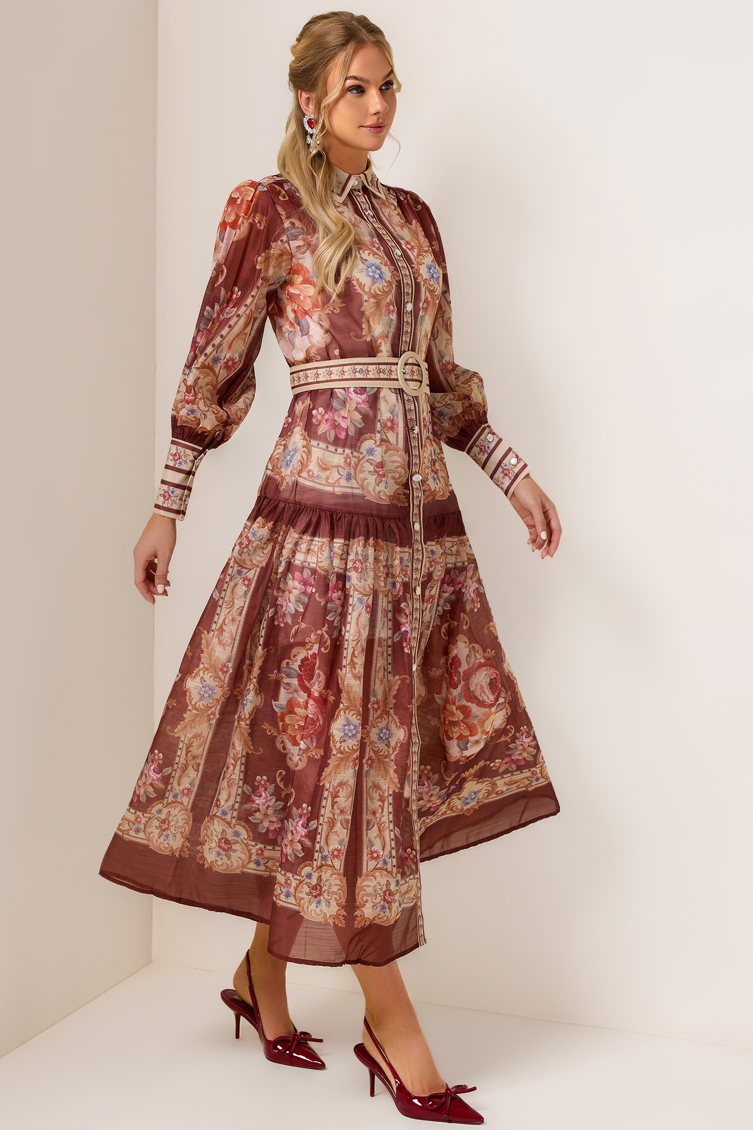 Palace Print Flapped Lantern Sleeve Midi Dress