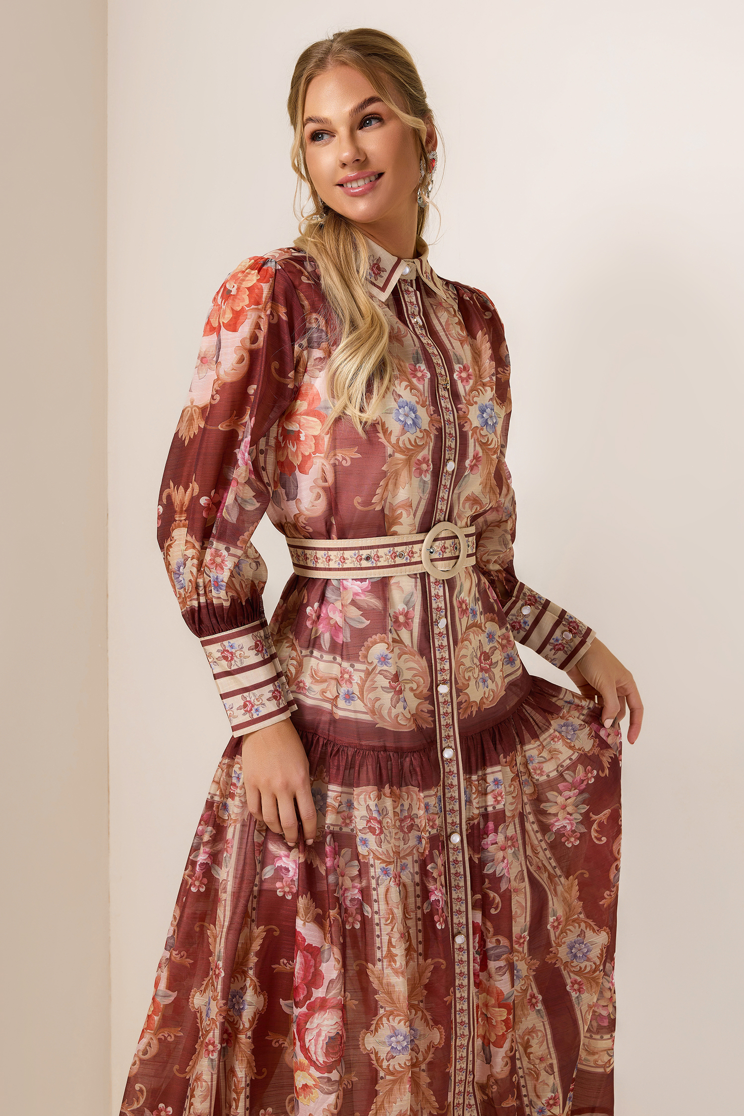 Palace Print Flapped Lantern Sleeve Midi Dress