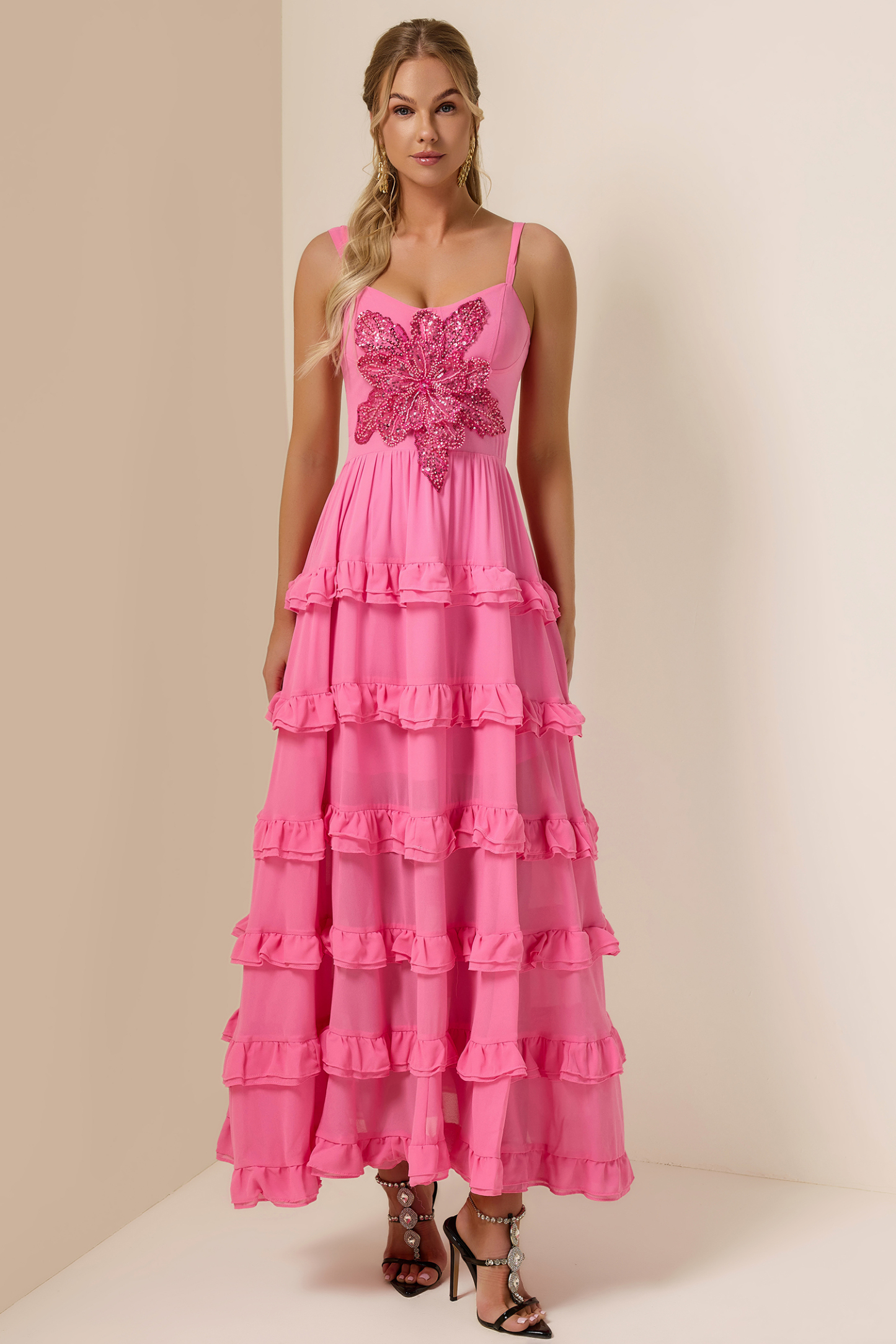 Sequin Embroidered Ruffle Maxi Dress