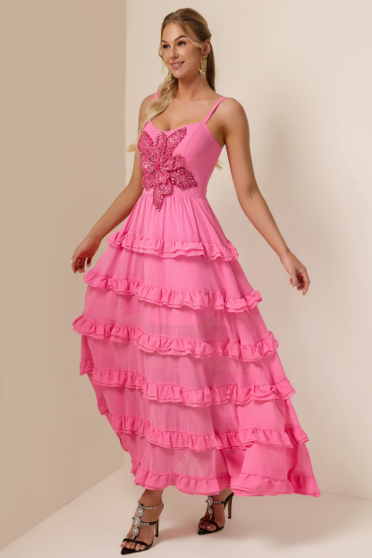 Sequin Embroidered Ruffle Maxi Dress