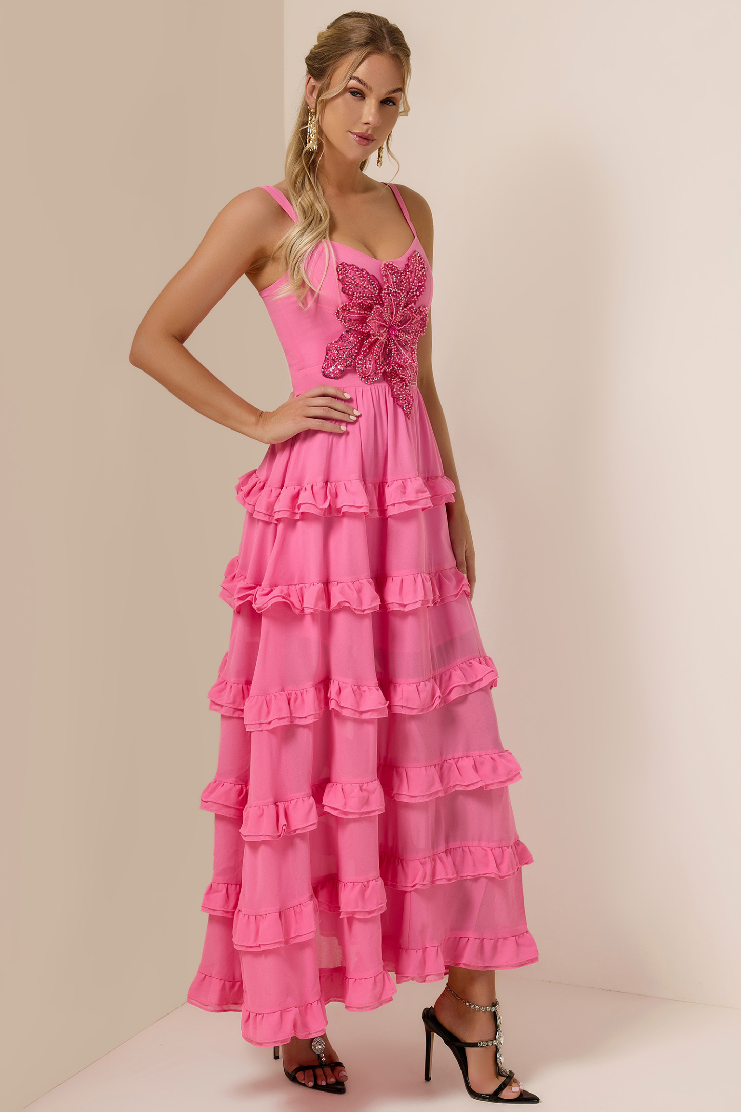 Sequin Embroidered Ruffle Maxi Dress