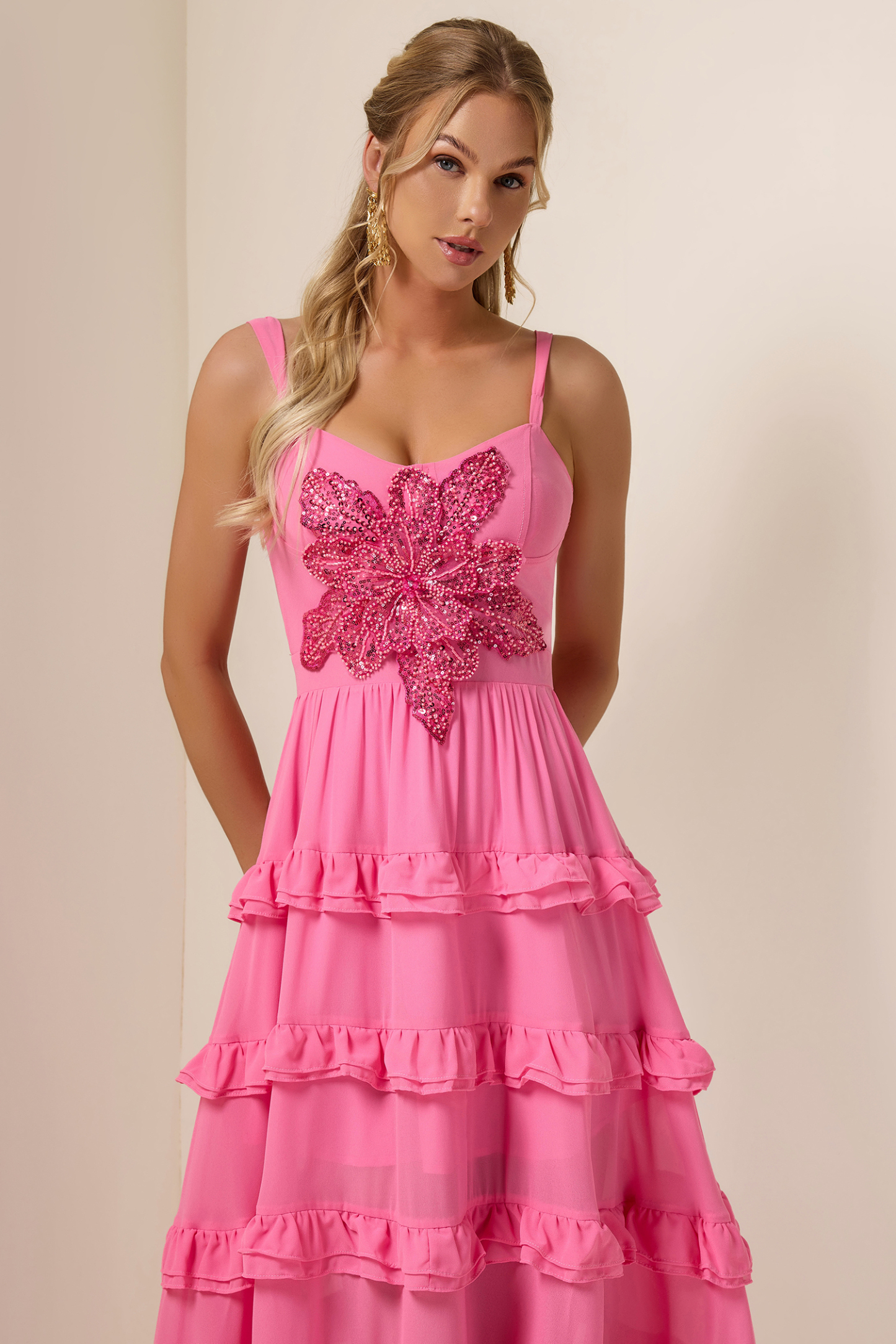 Sequin Embroidered Ruffle Maxi Dress