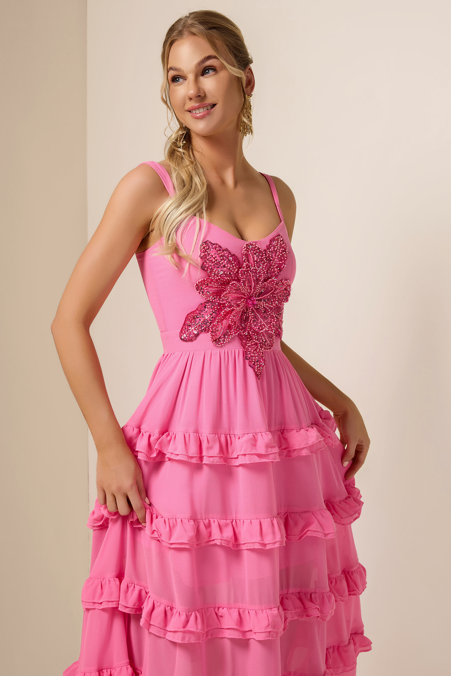 Sequin Embroidered Ruffle Maxi Dress