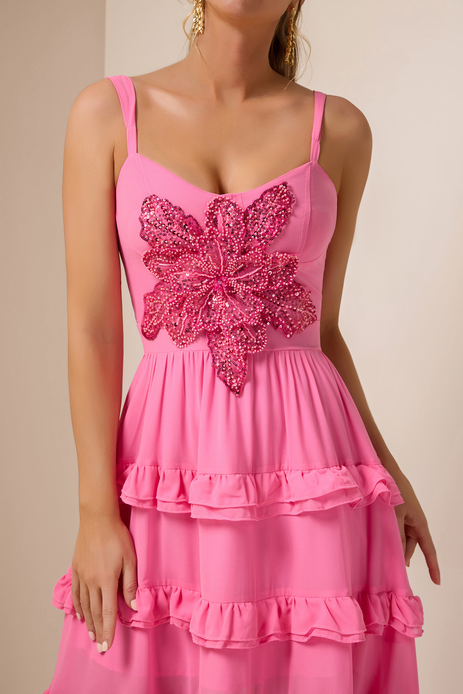 Sequin Embroidered Ruffle Maxi Dress