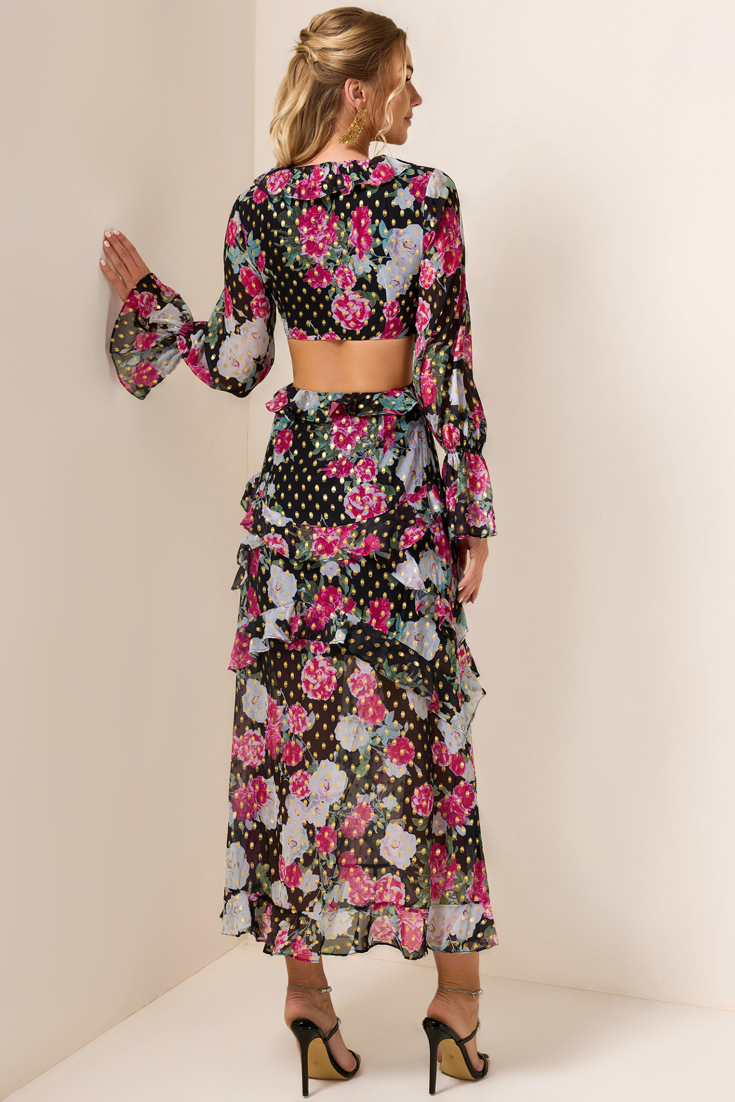 Floral Gold Foil Stamping Frill Midi Dress