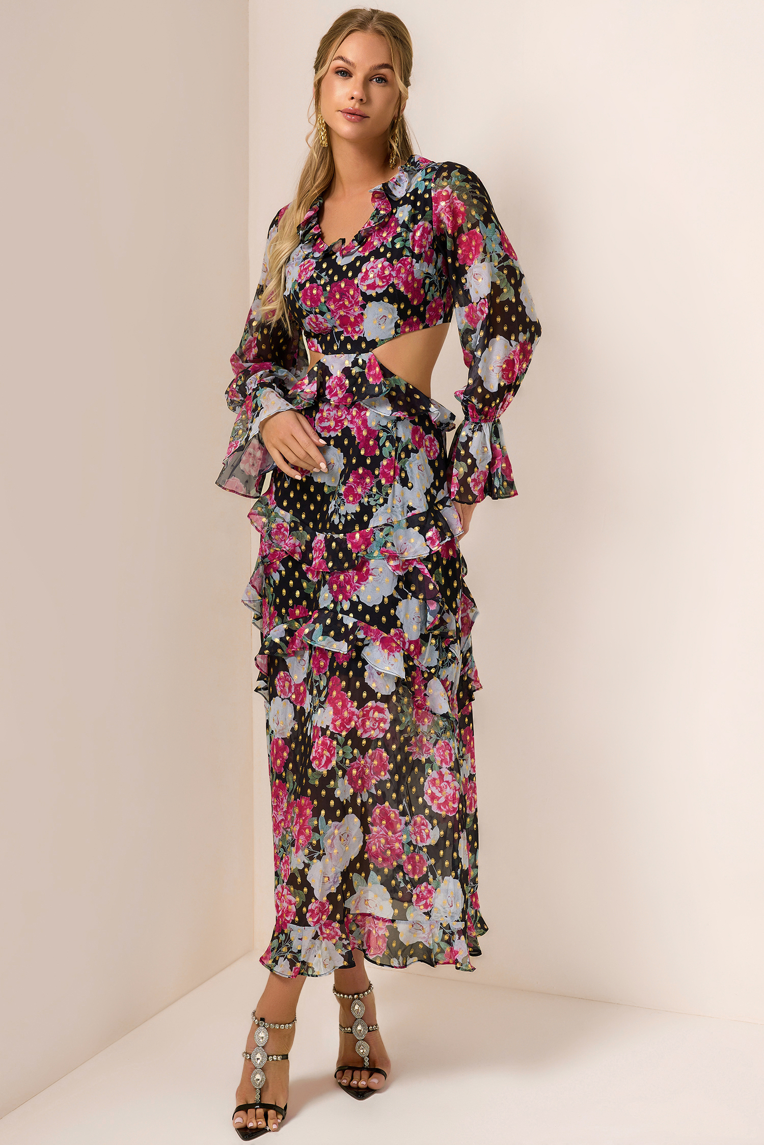 Floral Gold Foil Stamping Frill Midi Dress